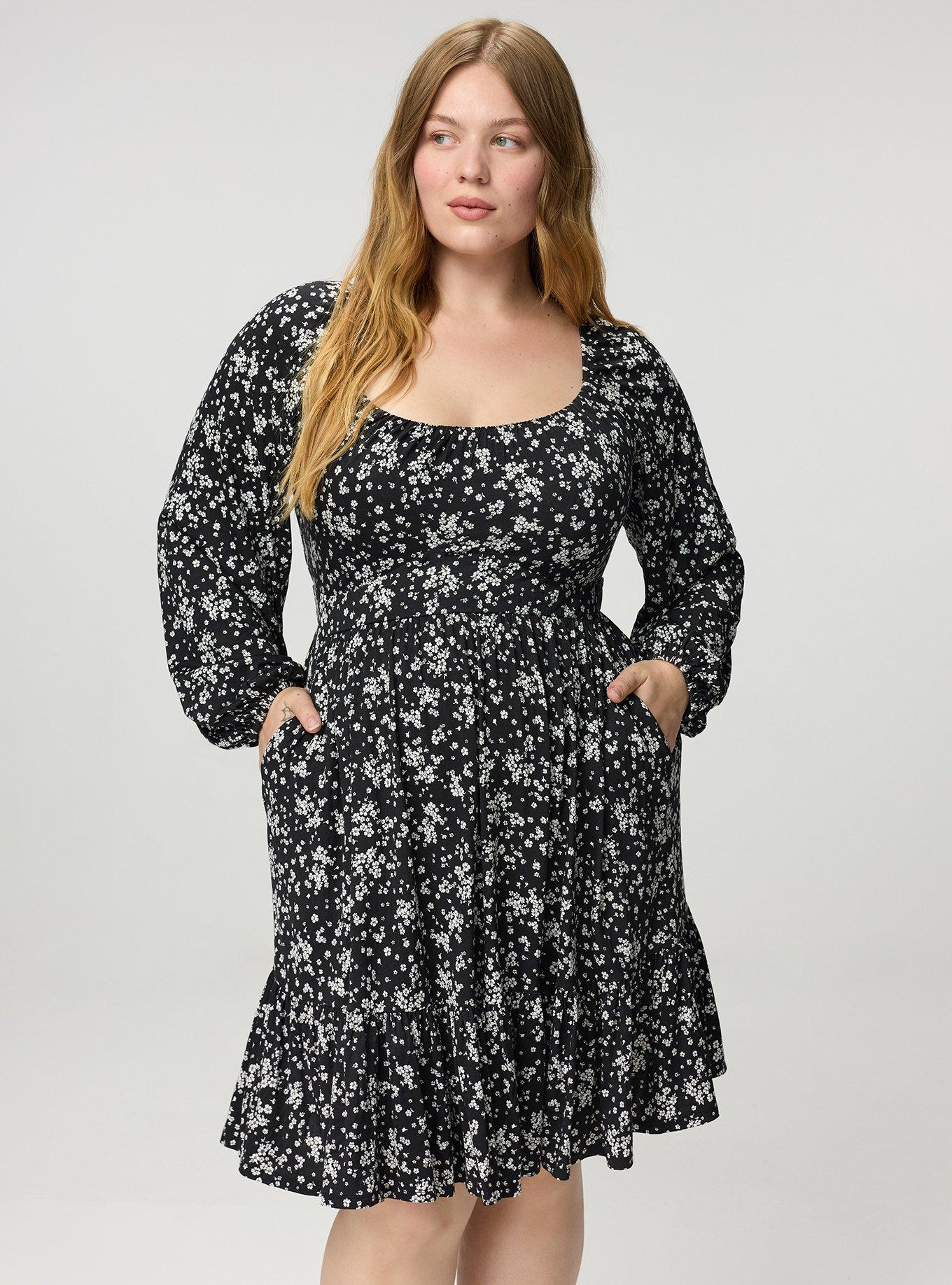 Tiered Long Sleeve Mini Dress, DUSTED DITSY FLORAL BLACK, hi-res