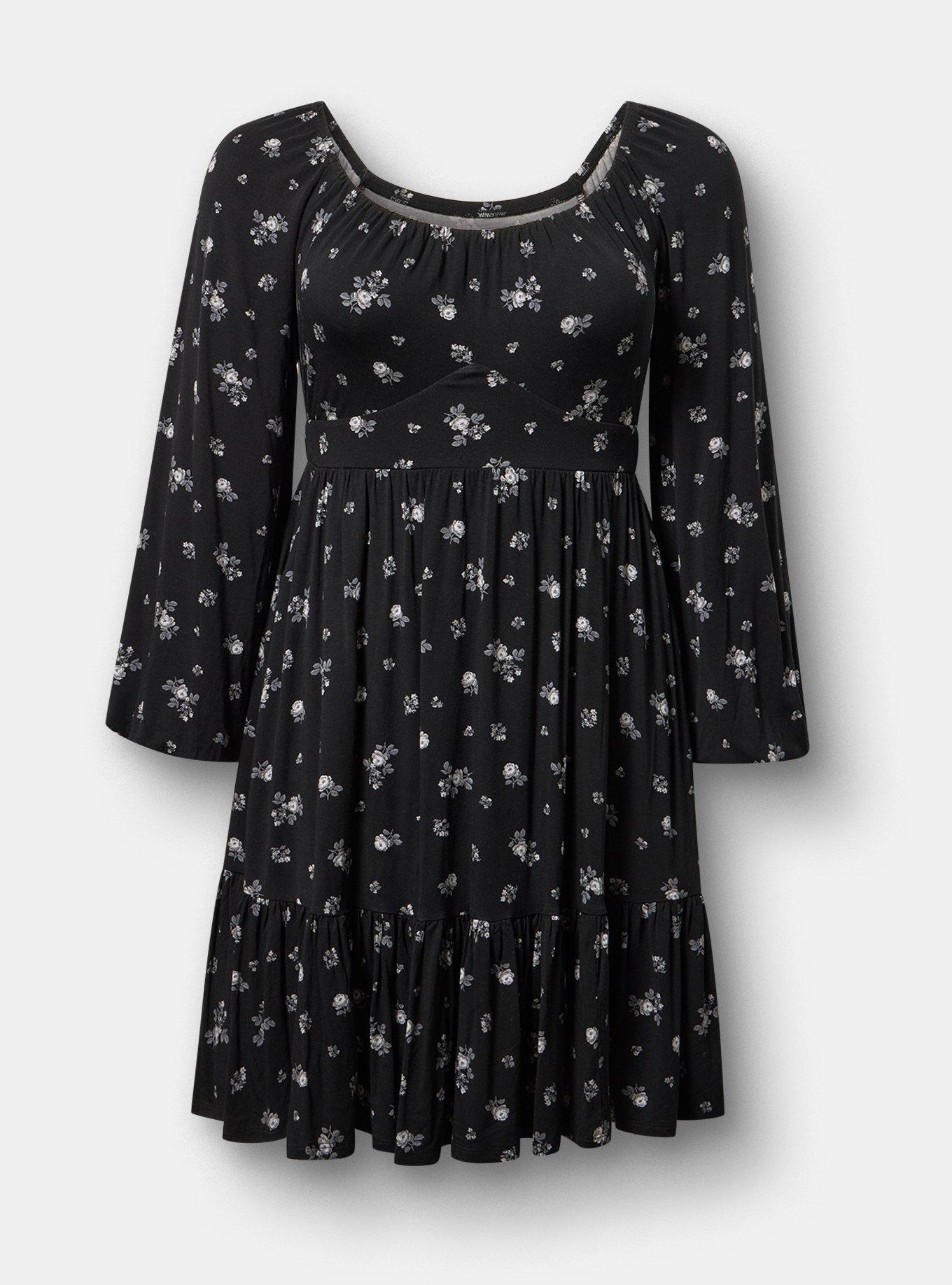 Tiered Long Sleeve Mini Dress, MEG DITSY FLORAL BLACK, flat