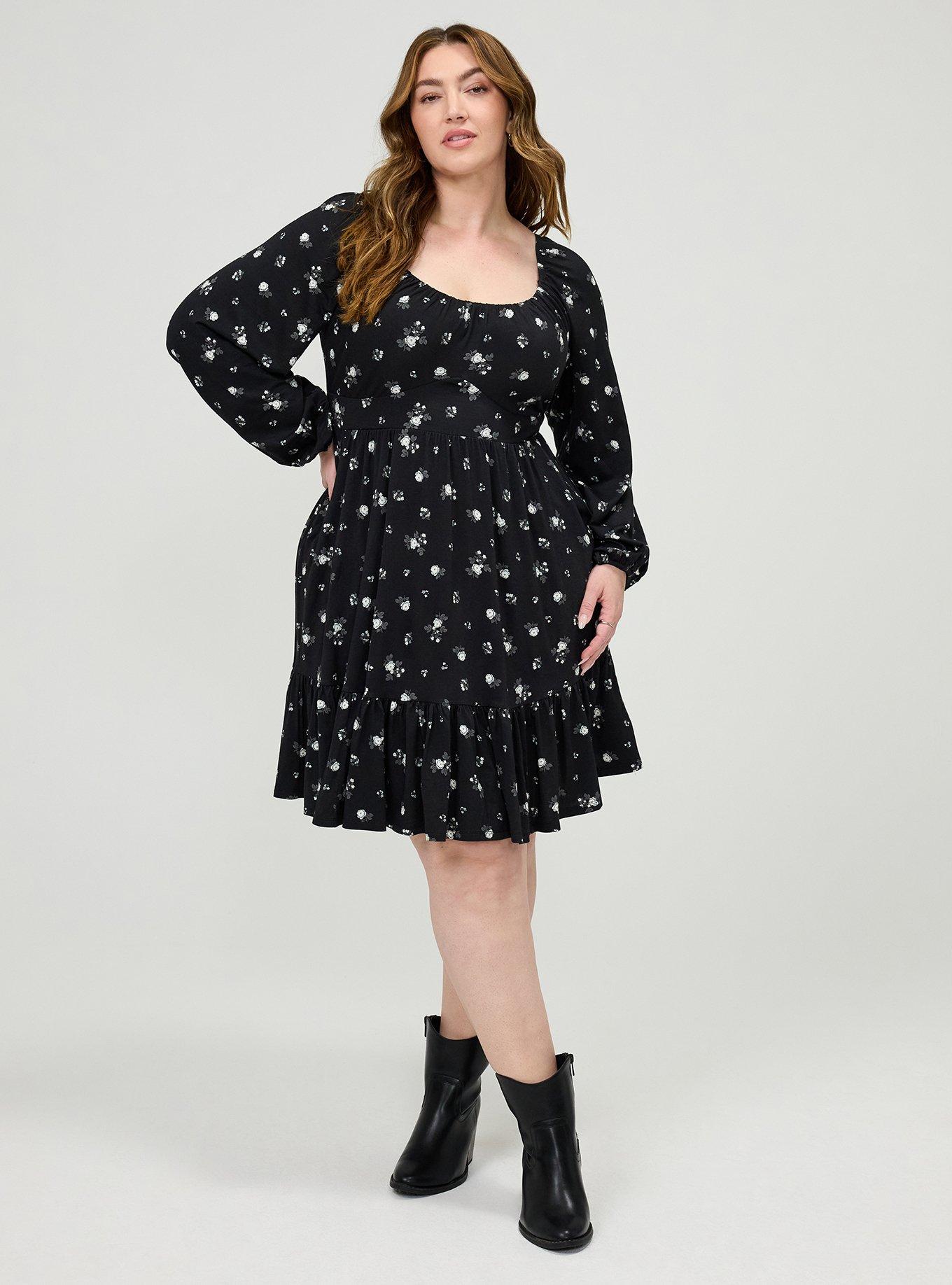 Tiered Long Sleeve Mini Dress, MEG DITSY FLORAL BLACK, hi-res