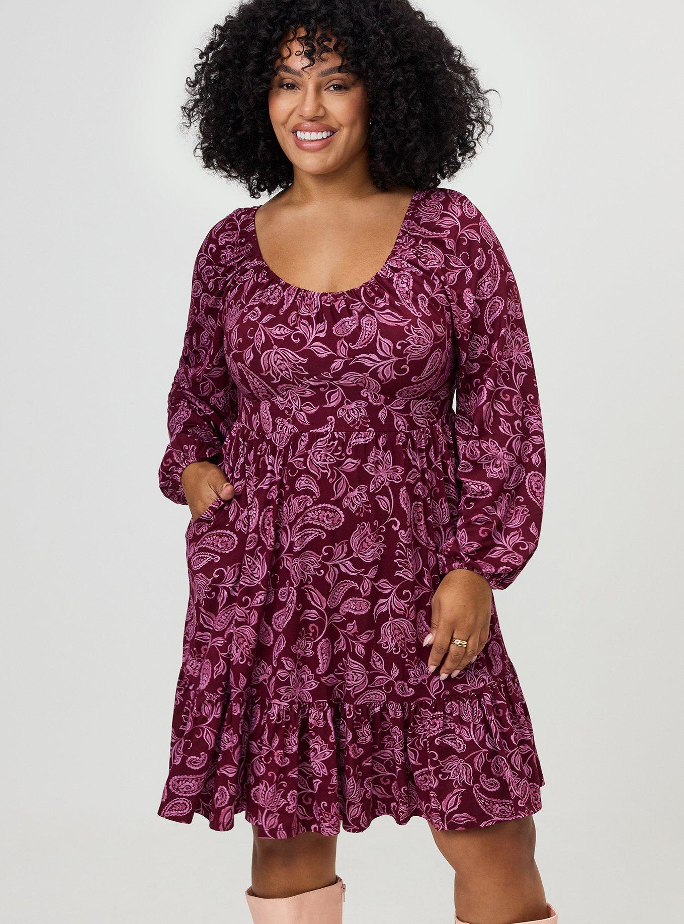 Tiered Long Sleeve Mini Dress, YAYA PAISLEY BURGUNDY, alternate