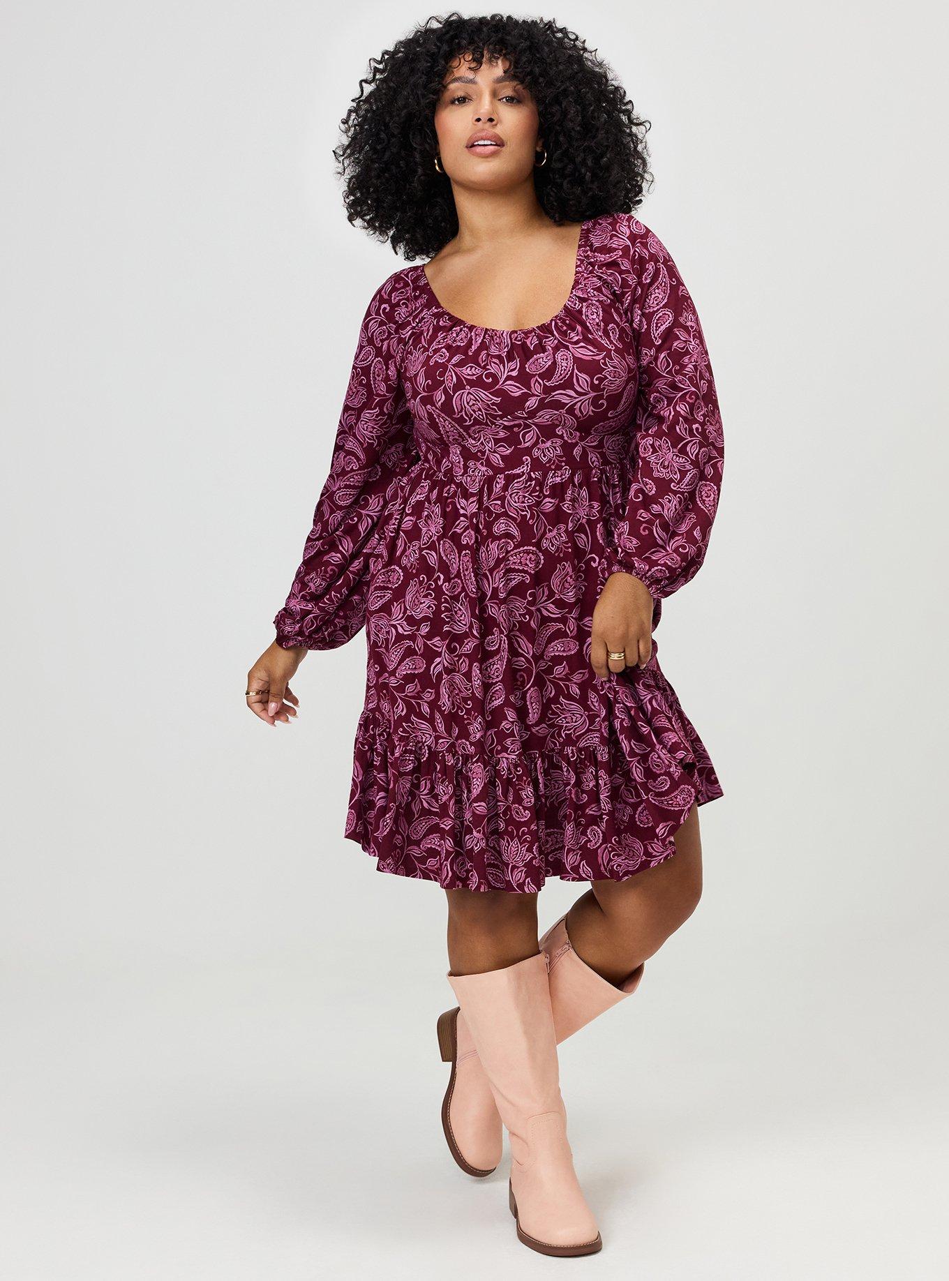 Tiered Long Sleeve Mini Dress, YAYA PAISLEY BURGUNDY, alternate