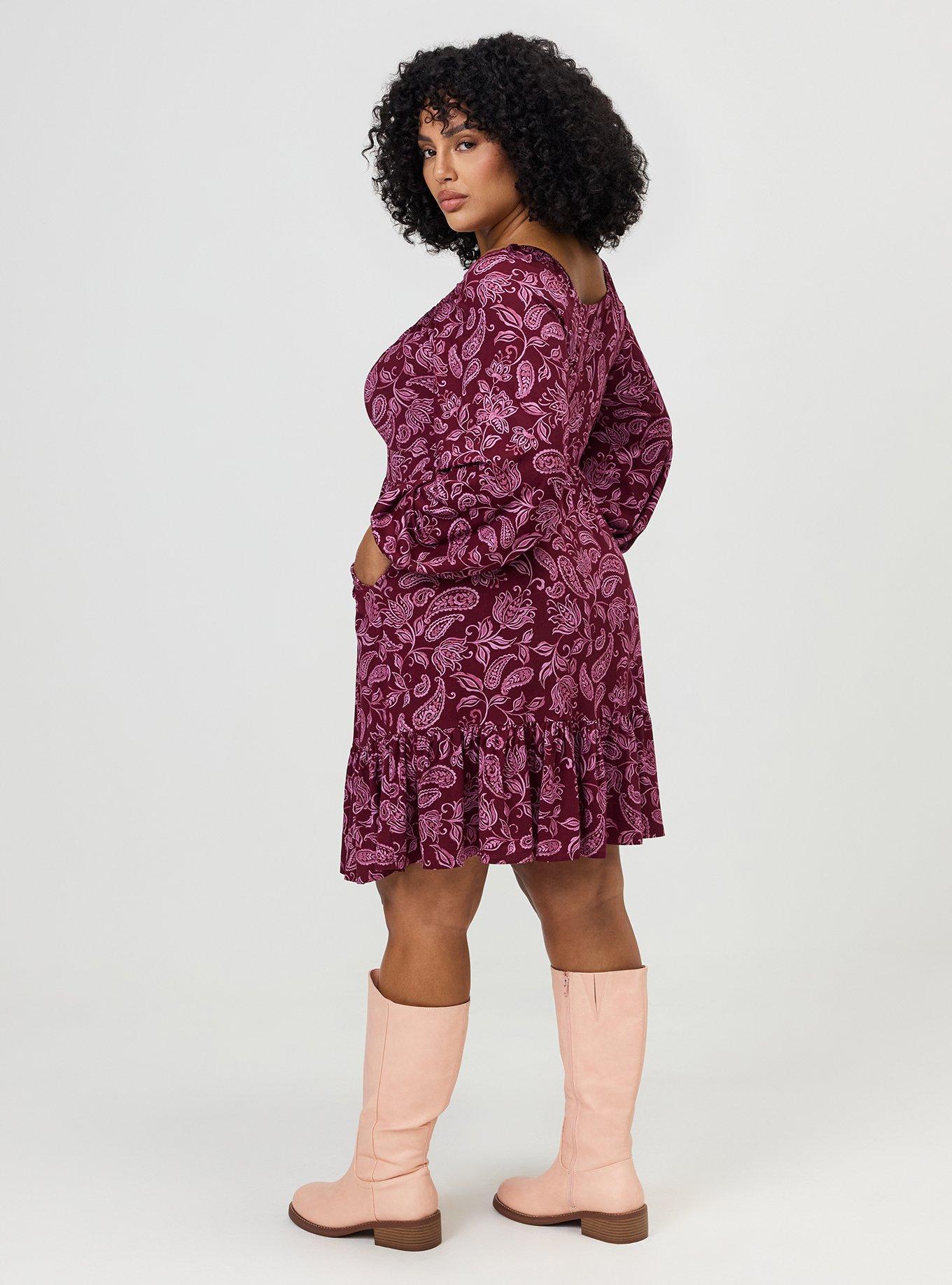 Tiered Long Sleeve Mini Dress, YAYA PAISLEY BURGUNDY, alternate