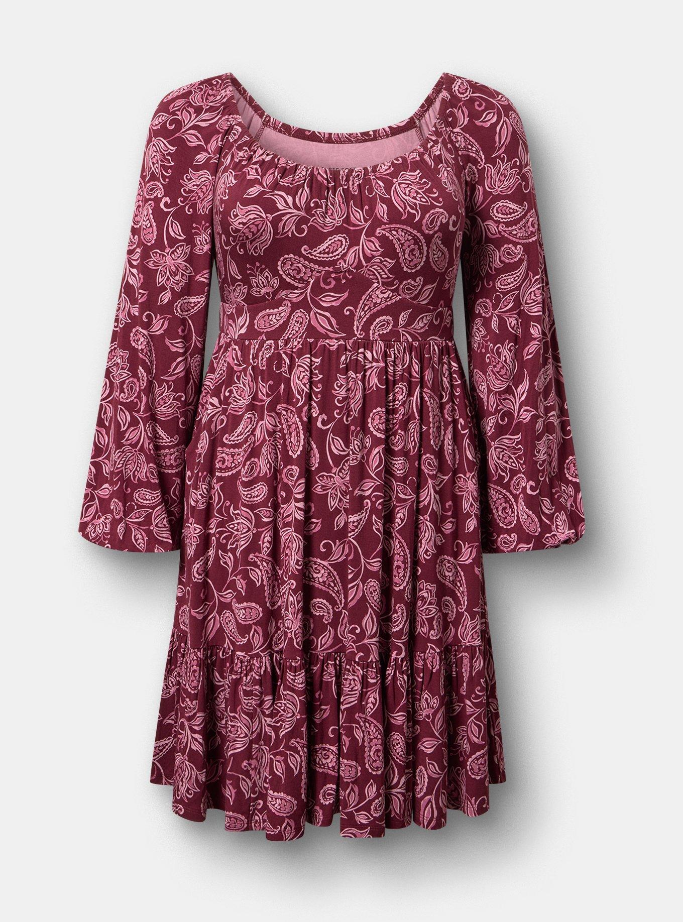 Tiered Long Sleeve Mini Dress, YAYA PAISLEY BURGUNDY, flat