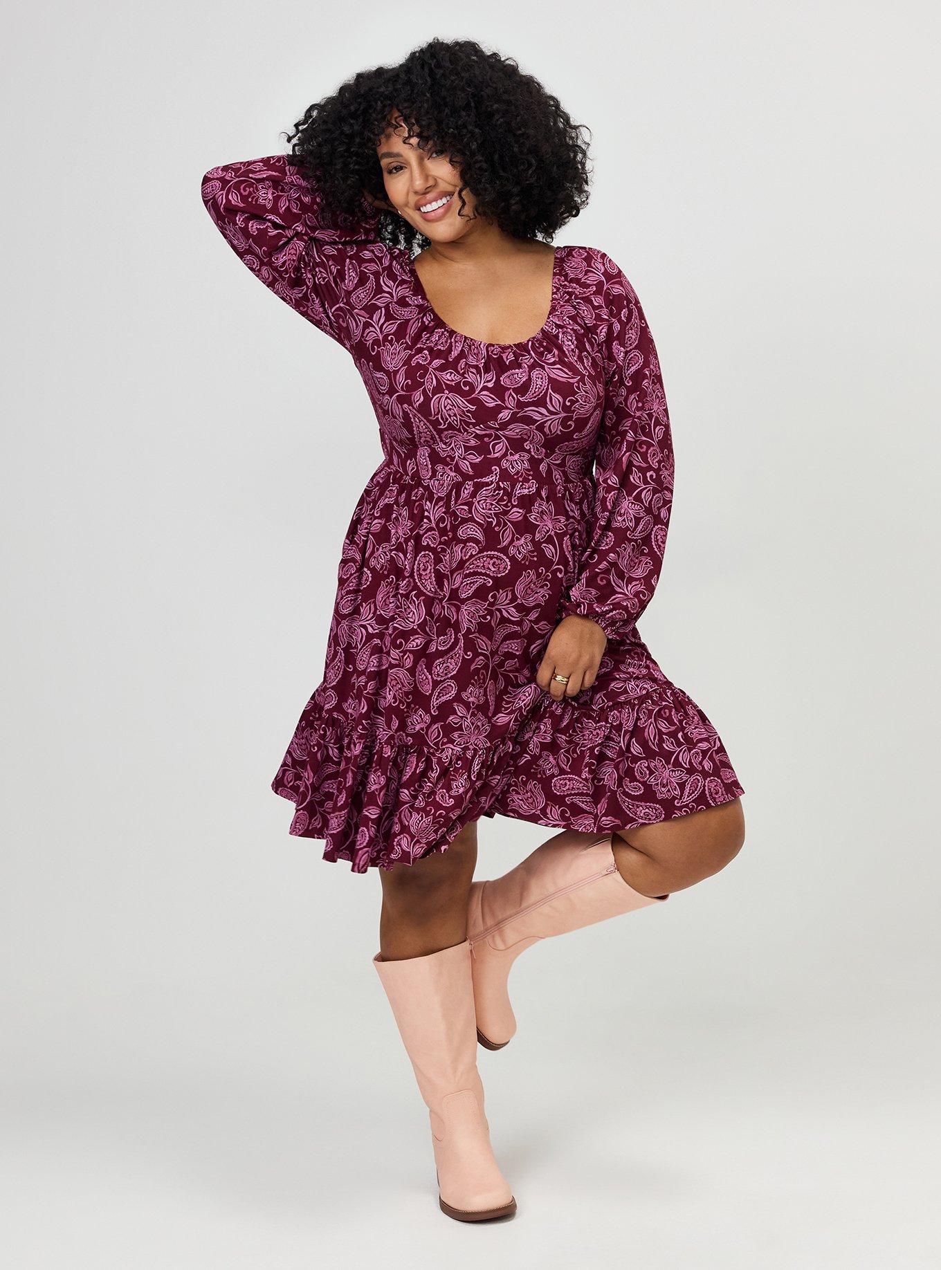 Tiered Long Sleeve Mini Dress, YAYA PAISLEY BURGUNDY, hi-res