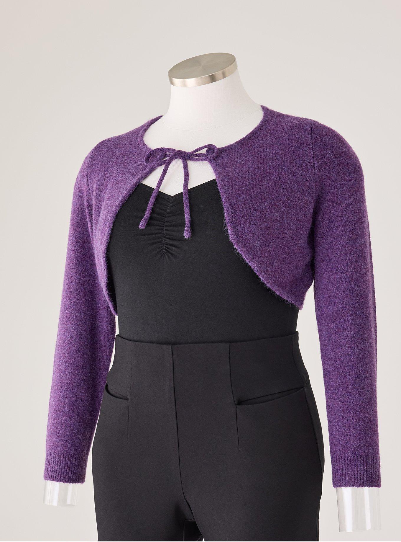 Retro Chic Tie-Front Shrug, GRAPE ROYALE, flat
