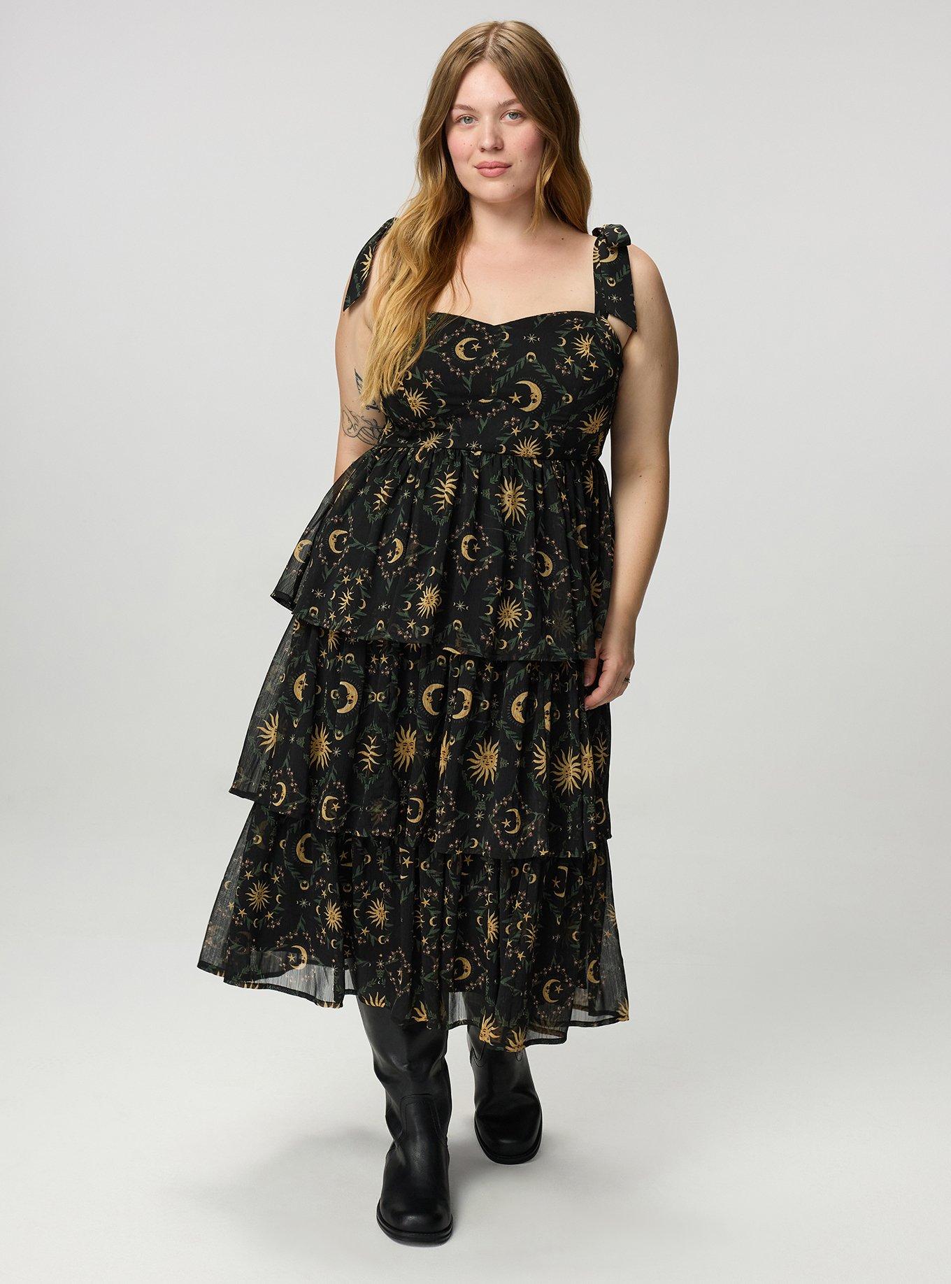 Sweetheart Tiered Midi Dress, CELESTIAL MEDALLION BLACK, hi-res