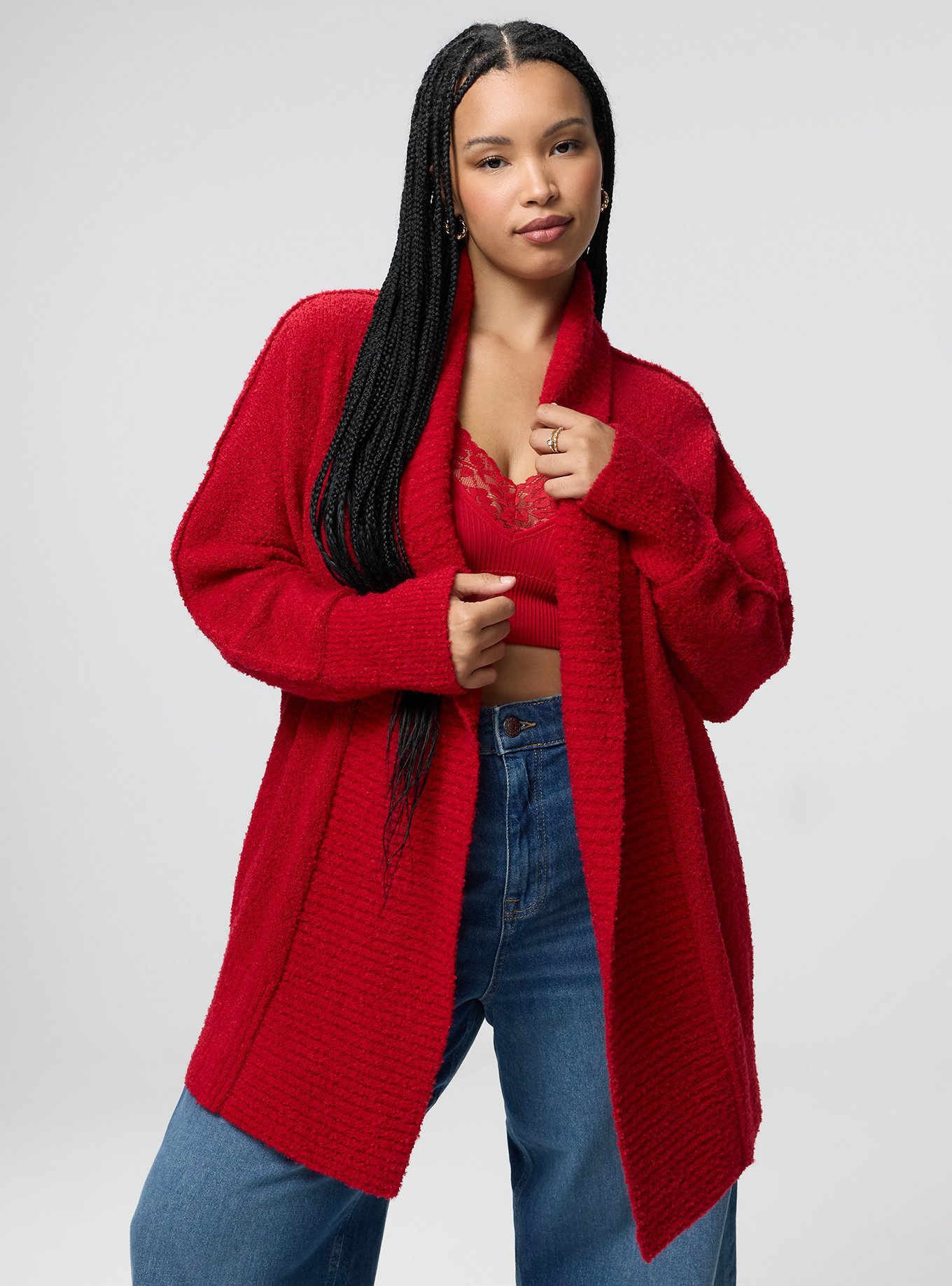 Boucle Open Front Cardigan, JESTER RED, hi-res