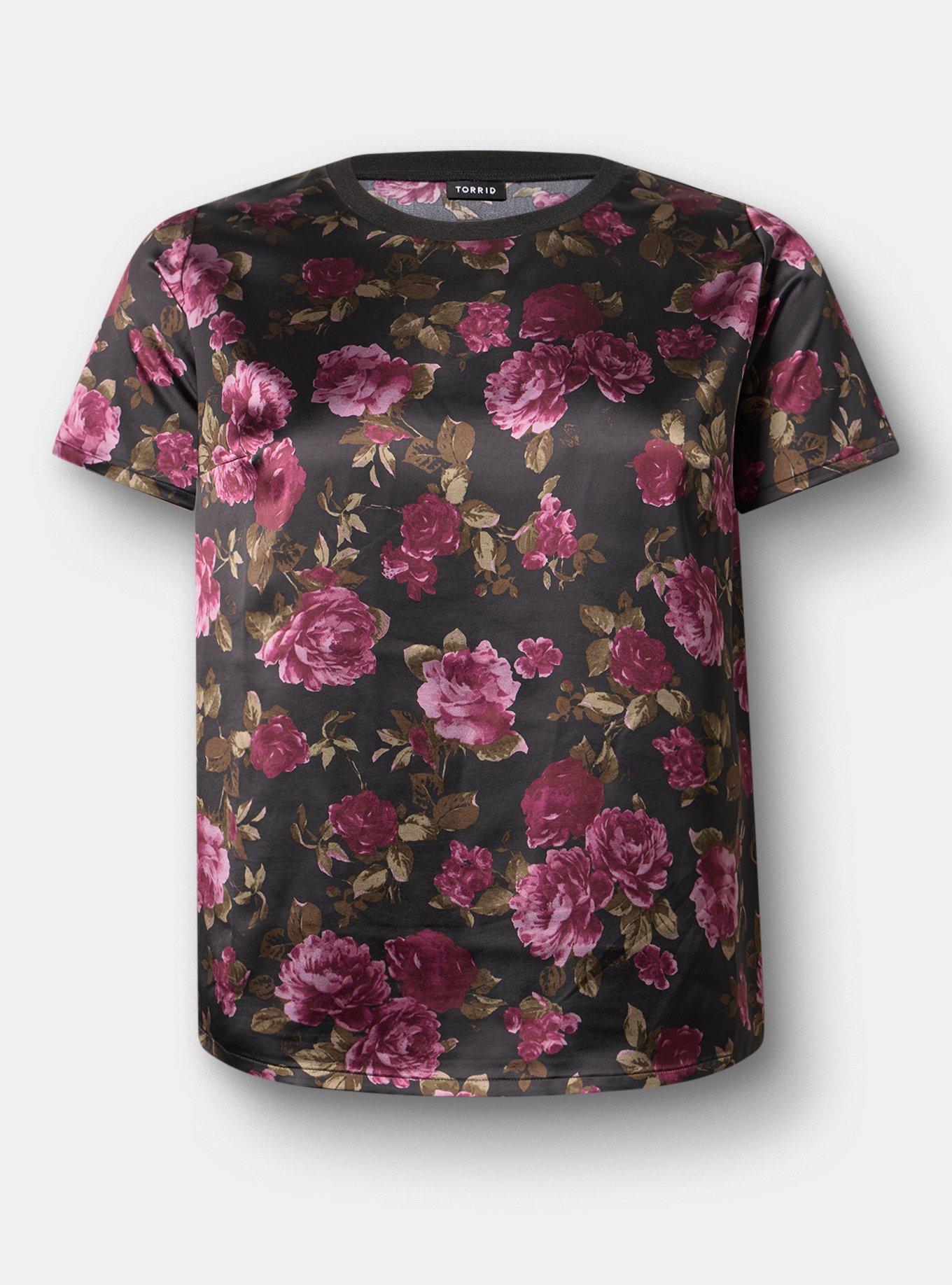 Satin Crew Top, KAI FLORAL BURGUNDY, flat