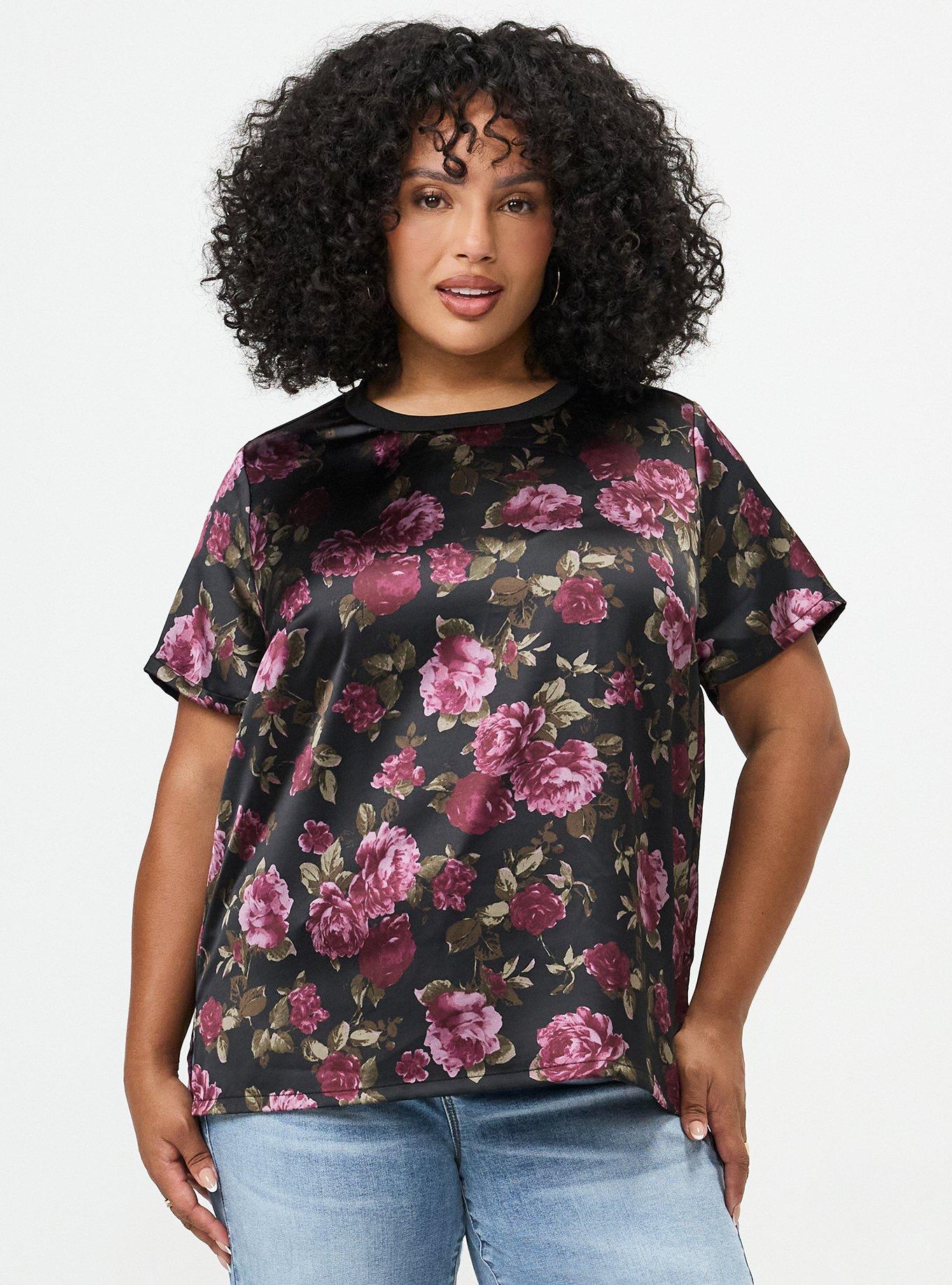 Satin Crew Top, KAI FLORAL BURGUNDY, hi-res