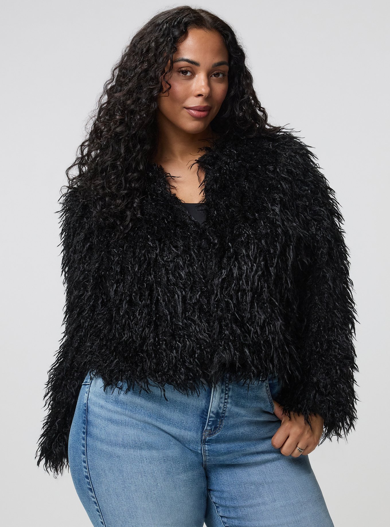 Shaggy Faux Fur Jacket, DEEP BLACK, hi-res
