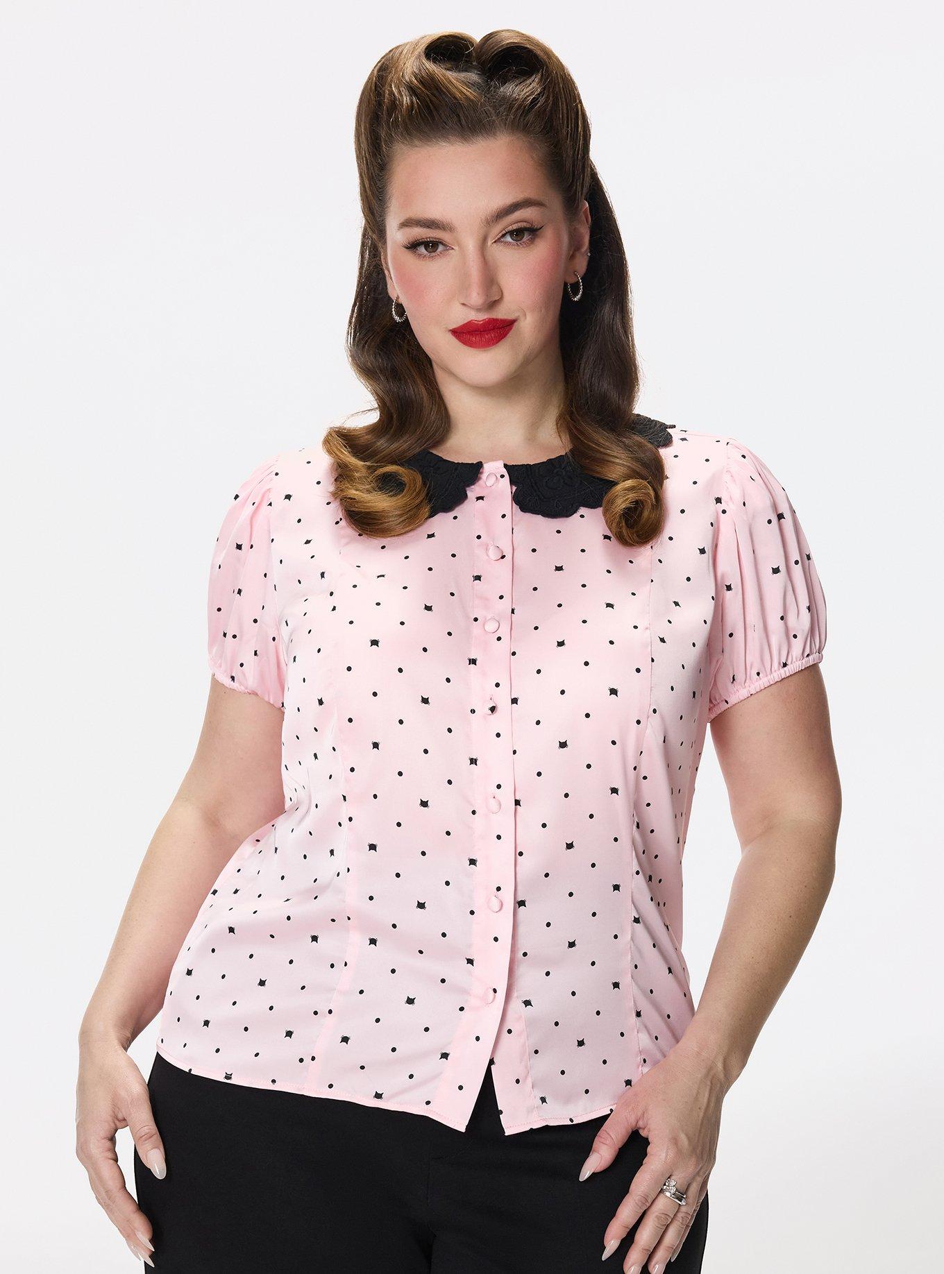 Retro Chic Collared Blouse, BEZU CATS PINK ALMOND BLOSSOM, hi-res