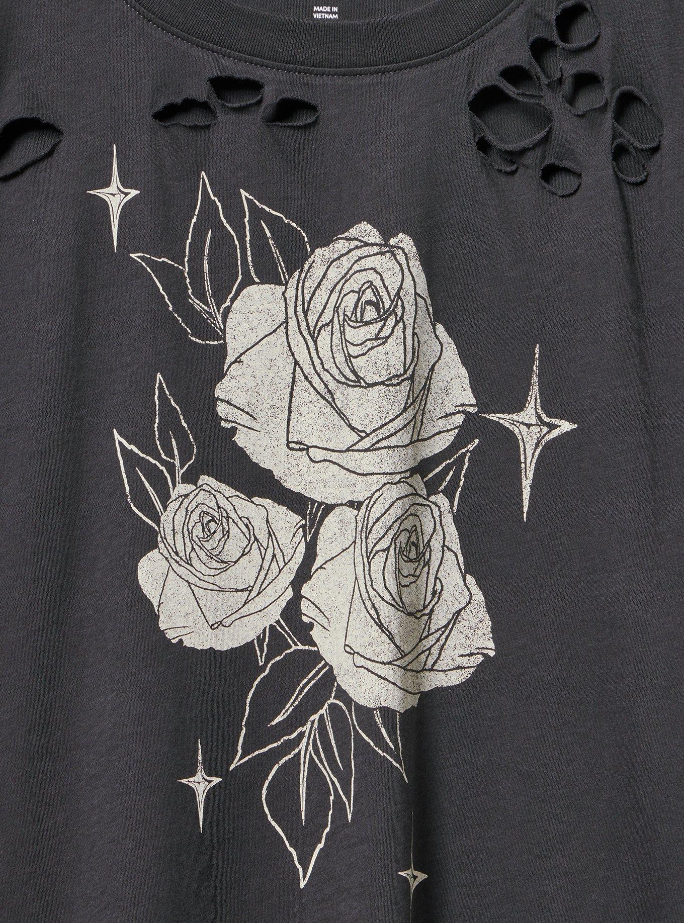 Vintage Cotton Destructed Roll Sleeve Tee, ROSE STARS OBSIDIAN, alternate