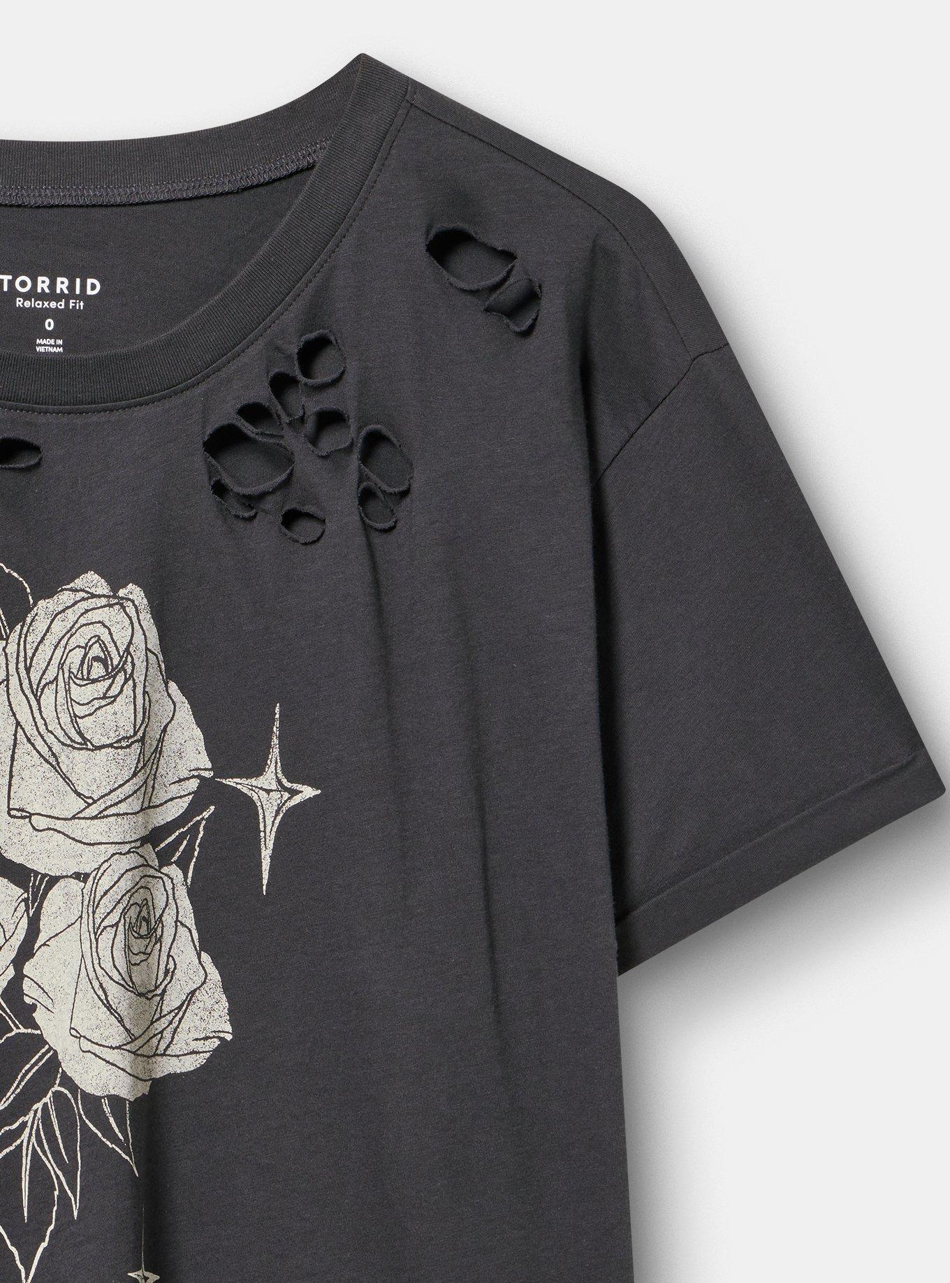 Vintage Cotton Destructed Roll Sleeve Tee, ROSE STARS OBSIDIAN, alternate