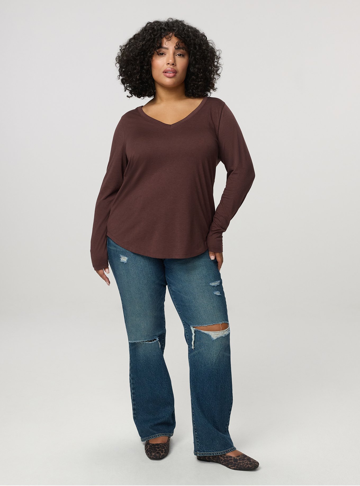Girlfriend Signature Jersey V-Neck Long Sleeve Tee, PUCE, alternate