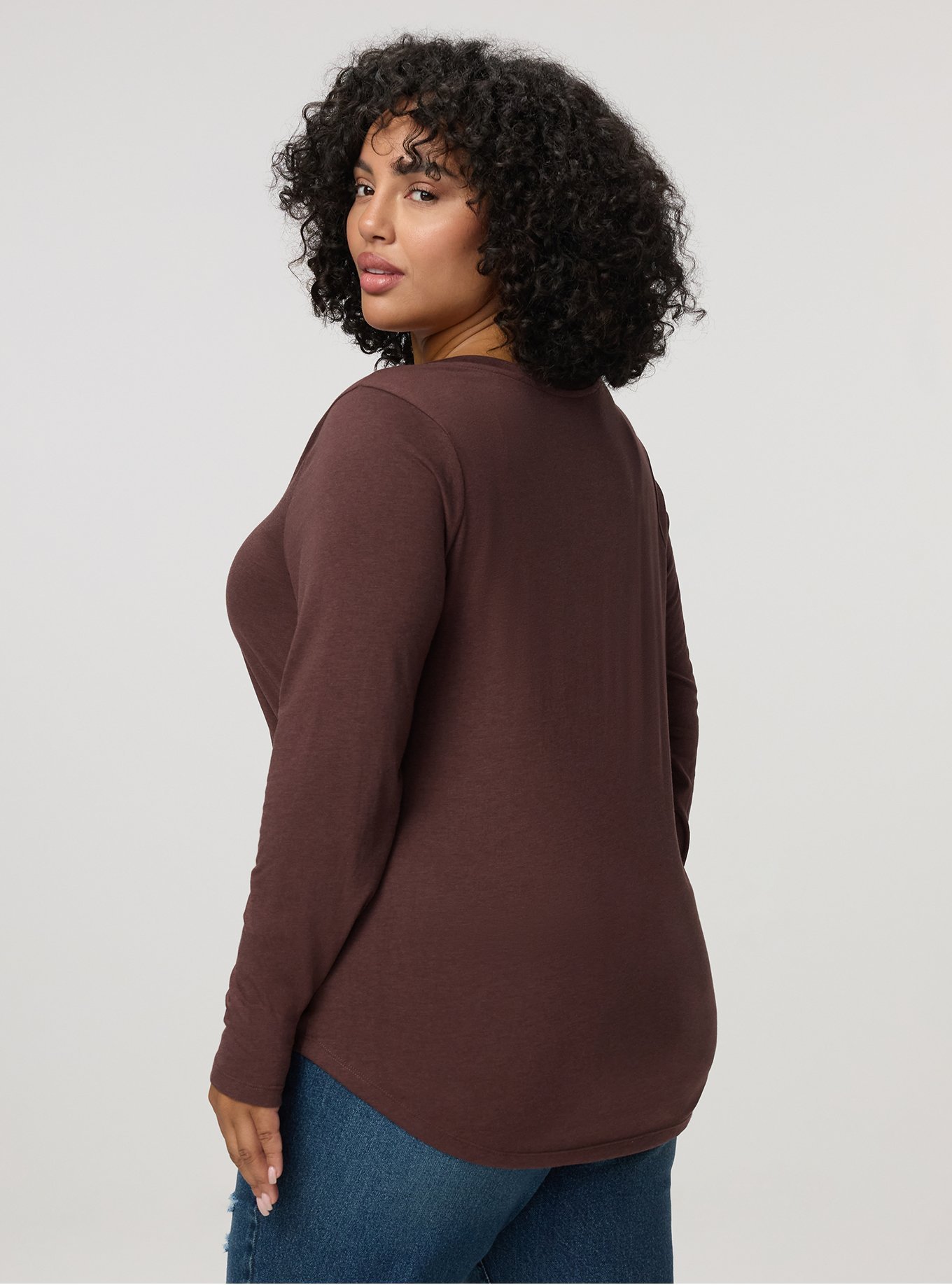 Girlfriend Signature Jersey V-Neck Long Sleeve Tee, PUCE, alternate
