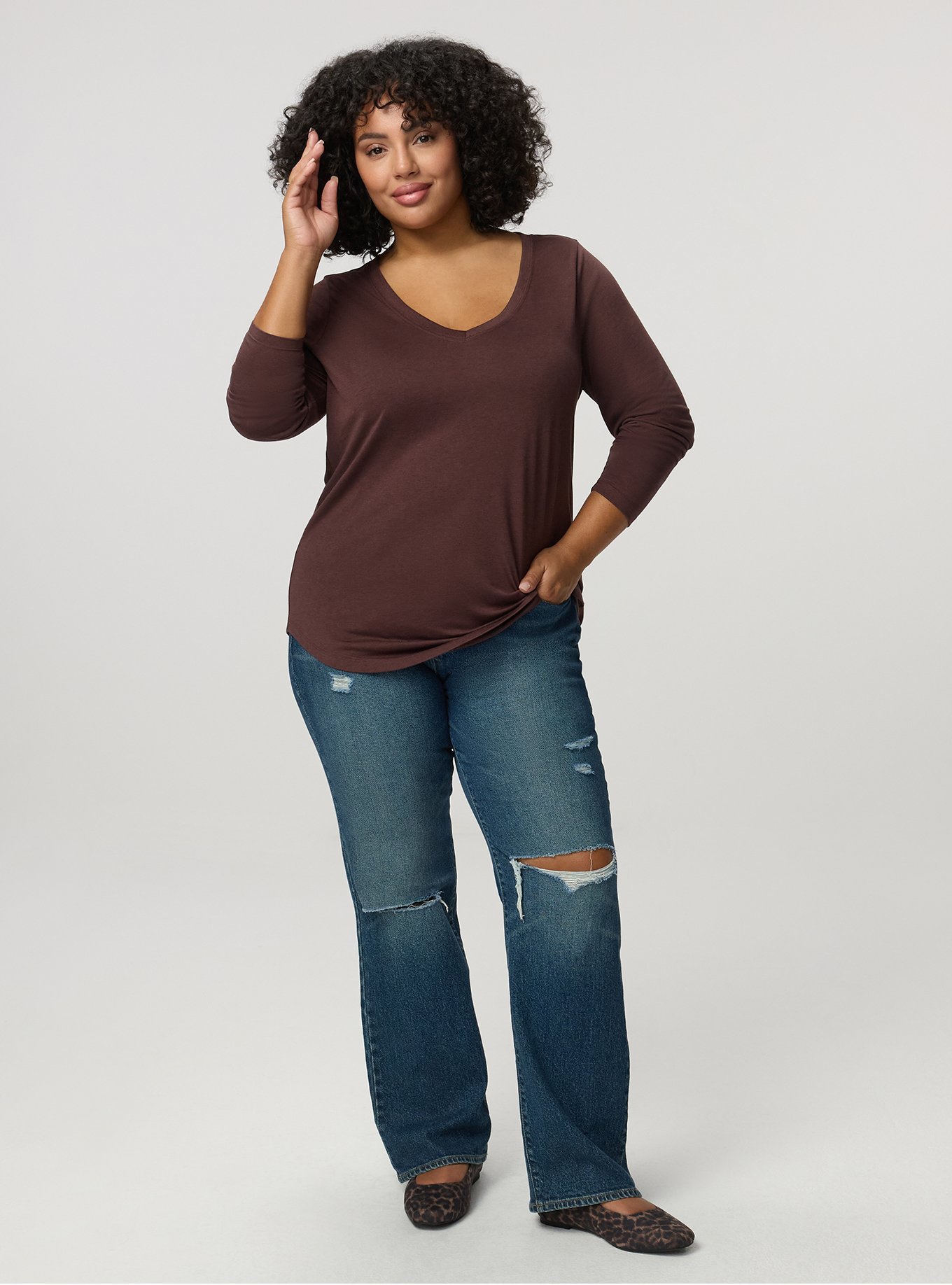 Girlfriend Signature Jersey V-Neck Long Sleeve Tee, PUCE, alternate