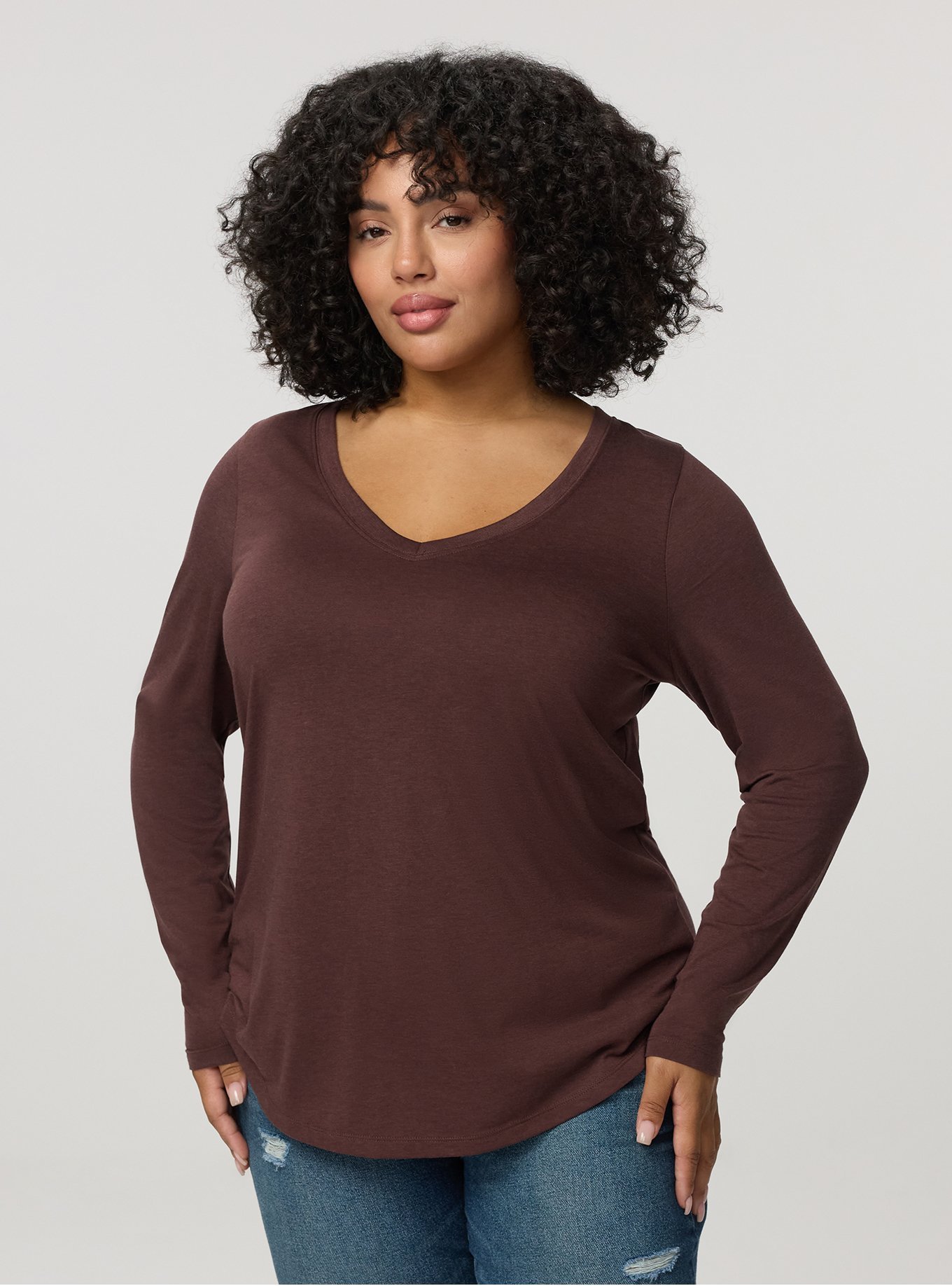 Girlfriend Signature Jersey V-Neck Long Sleeve Tee, PUCE, hi-res