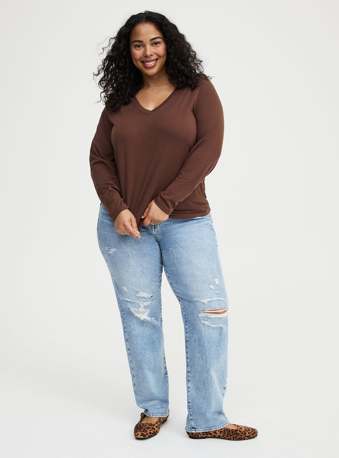 Girlfriend V-Neck Signature Jersey Long Sleeve Tee, CHESTNUT, alternate