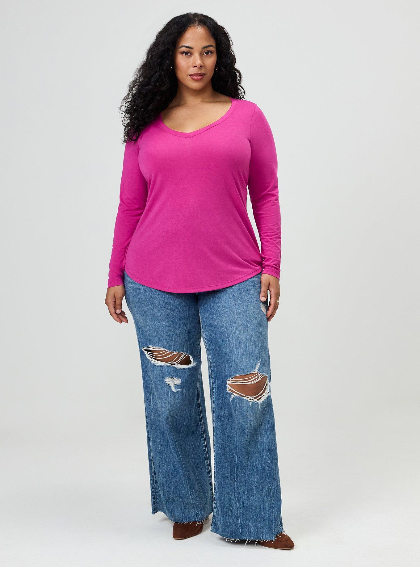 Girlfriend Signature Jersey V-Neck Long Sleeve Tee, FUCHSIA RED, alternate