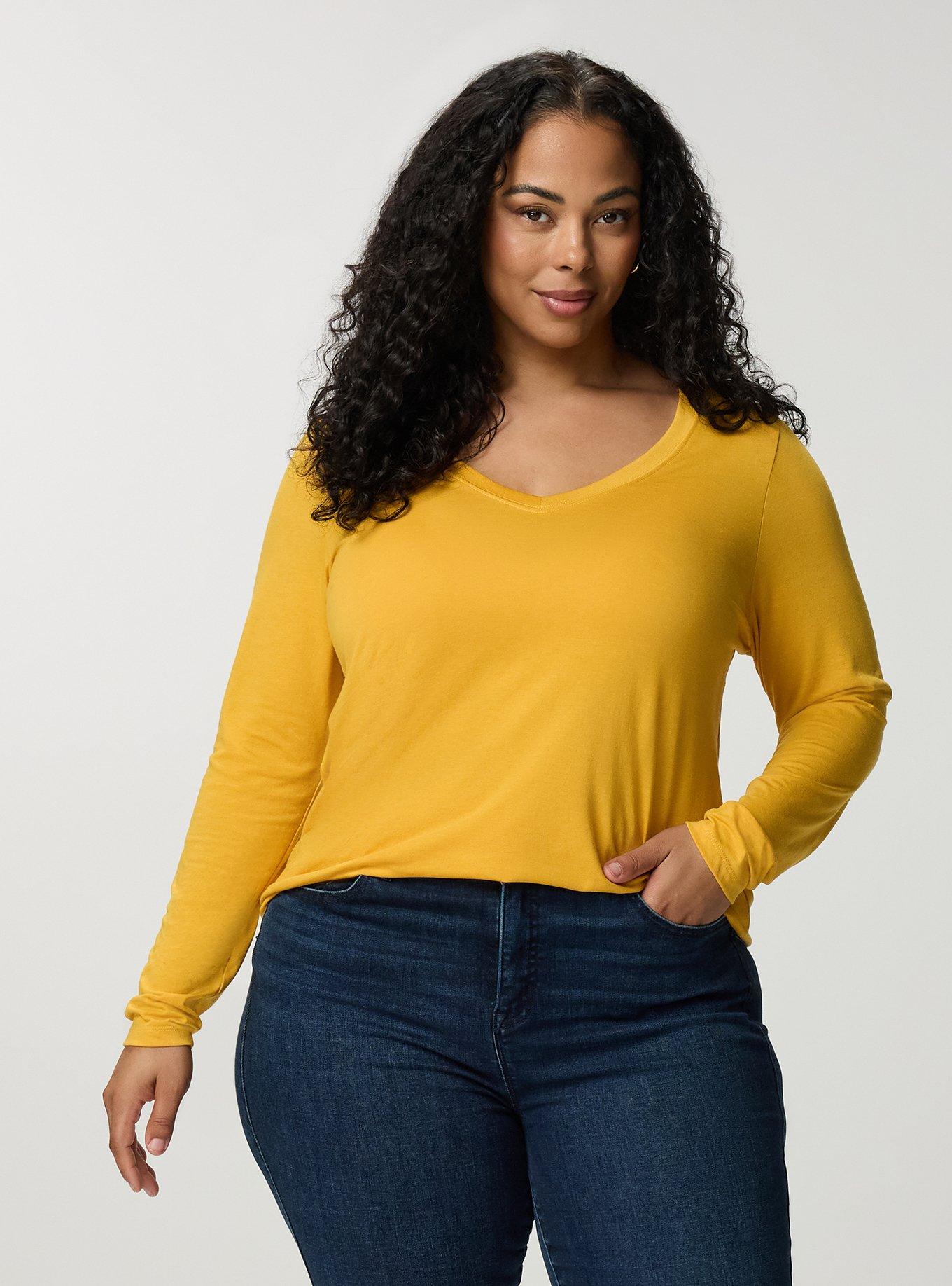 Plus Size Girlfriend Signature Jersey V-Neck Long Sleeve Tee, MINERAL YELLOW, alternate