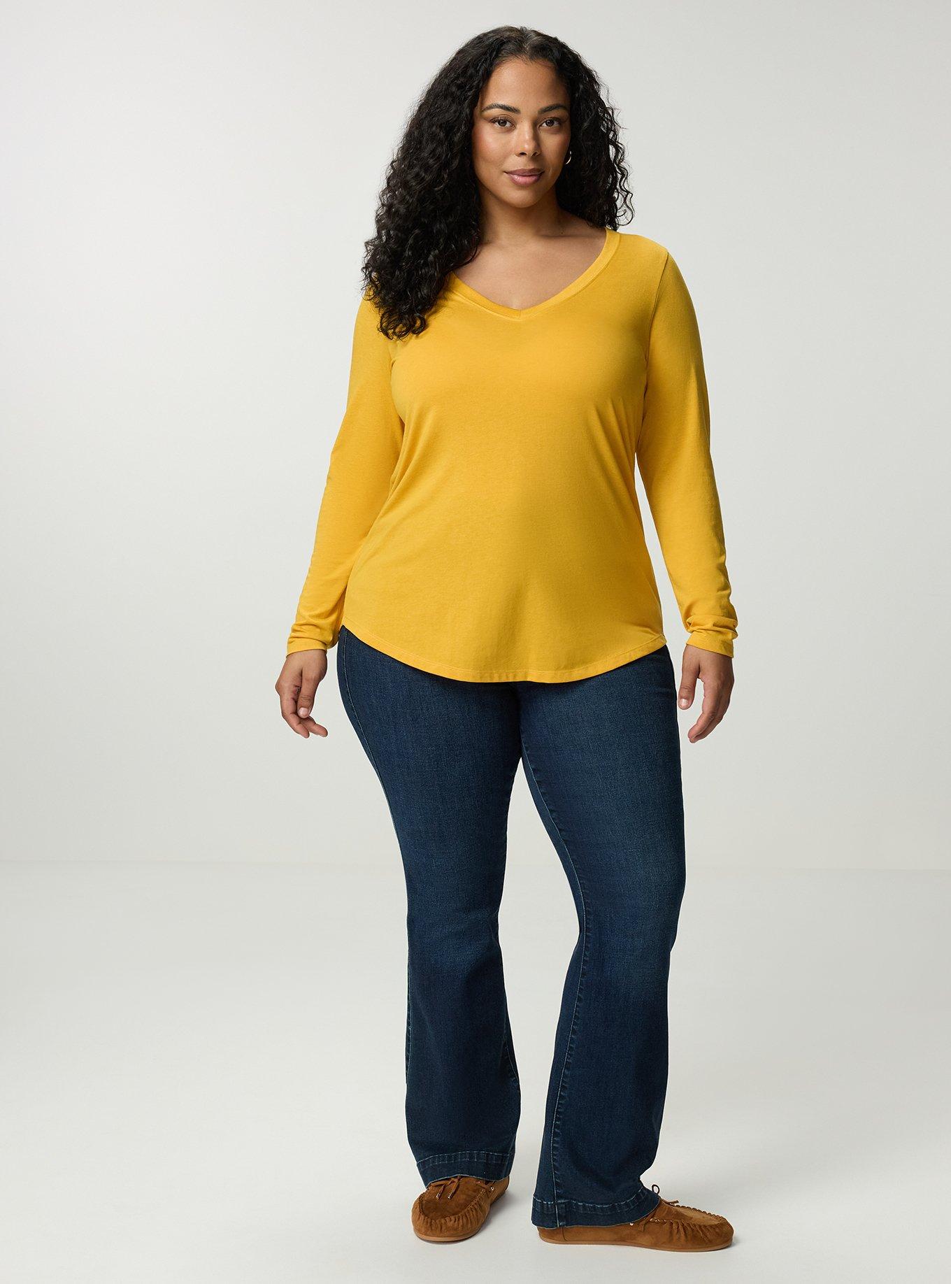 Plus Size Girlfriend Signature Jersey V-Neck Long Sleeve Tee, MINERAL YELLOW, alternate