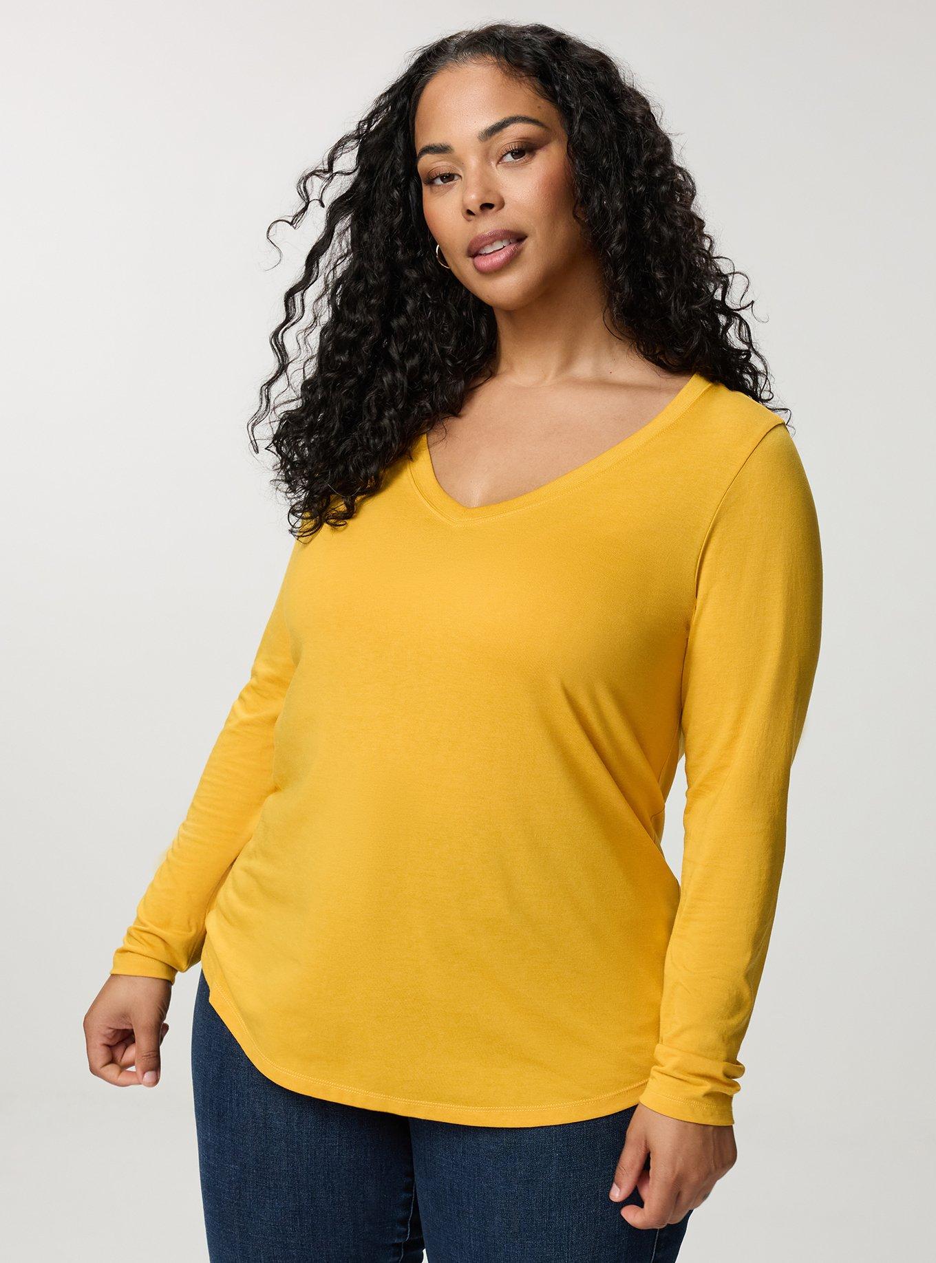 Plus Size Girlfriend Signature Jersey V-Neck Long Sleeve Tee, MINERAL YELLOW, hi-res