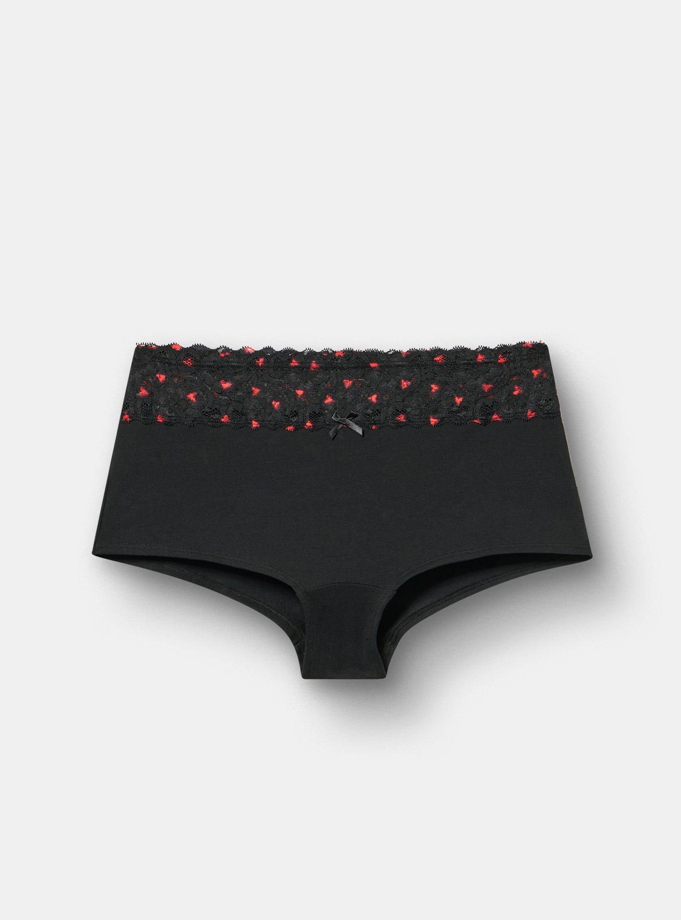 Plus Size Cotton Mid-Rise Lace Trim Boyshort Panty, HEARTS OUT RICH BLACK, hi-res
