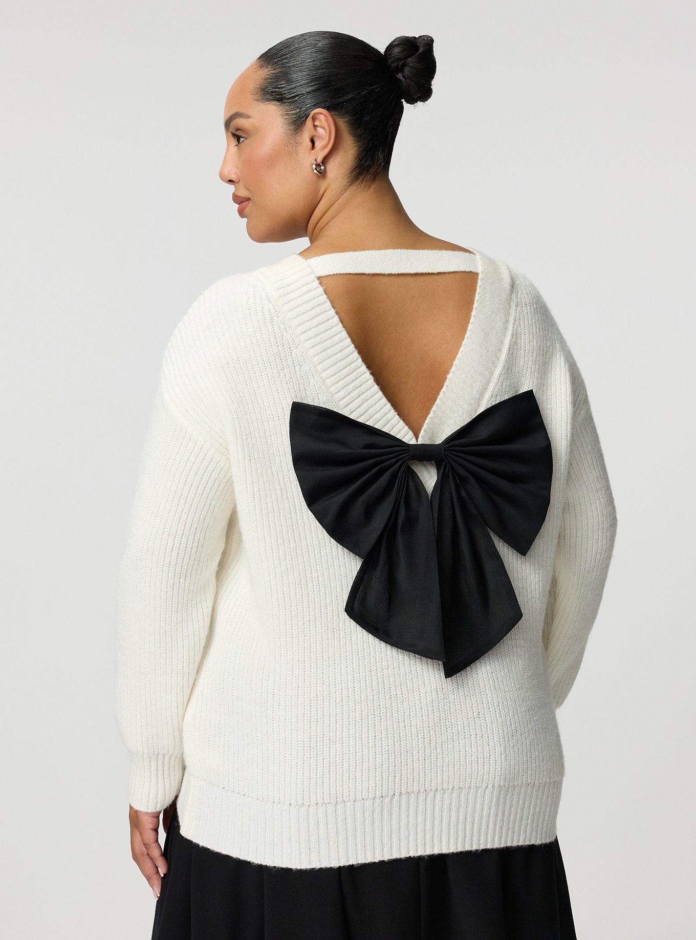 Plus Size Back Bow Pullover Sweater, WHISPER WHITE, alternate