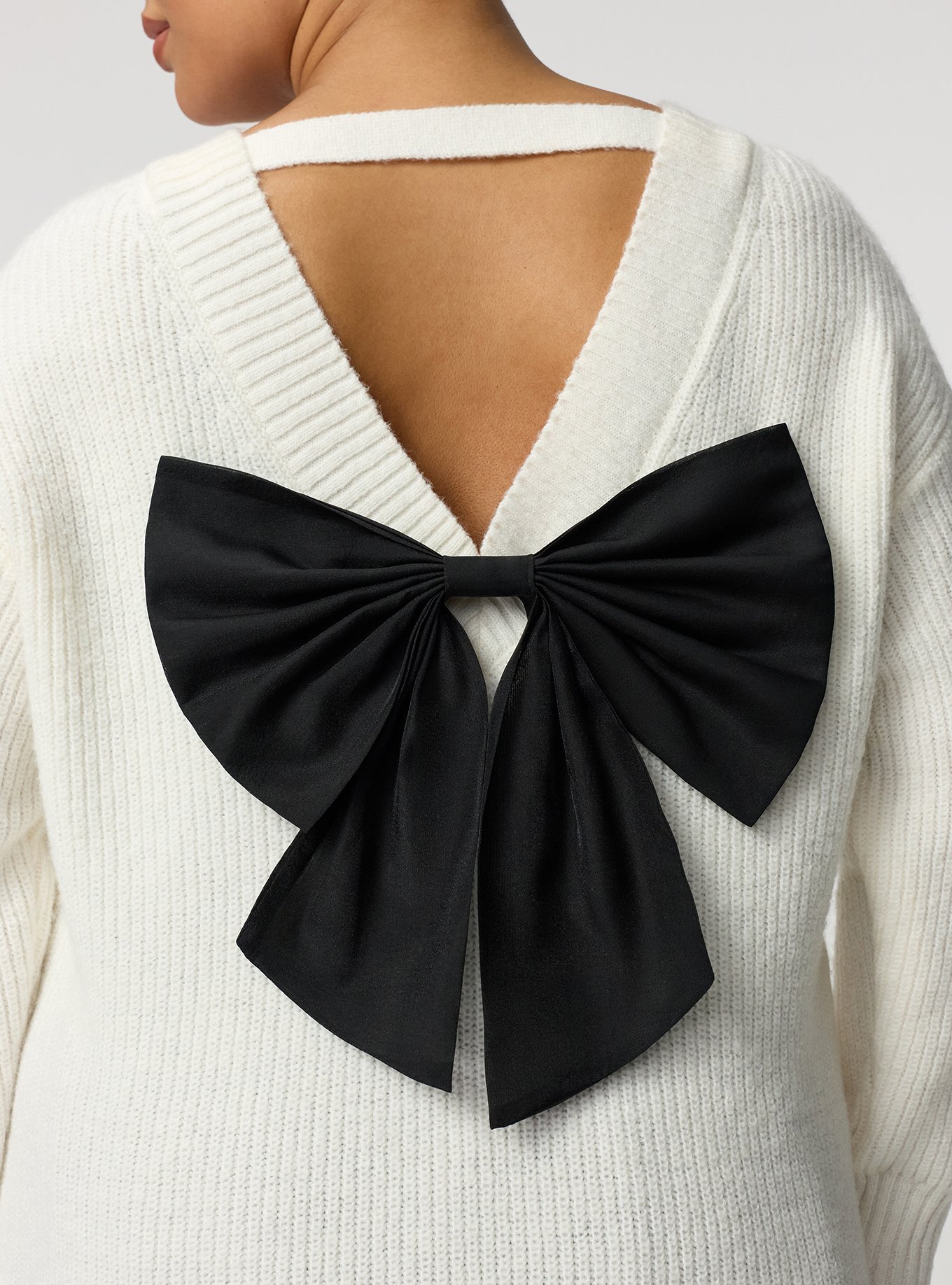 Plus Size Back Bow Pullover Sweater, WHISPER WHITE, alternate