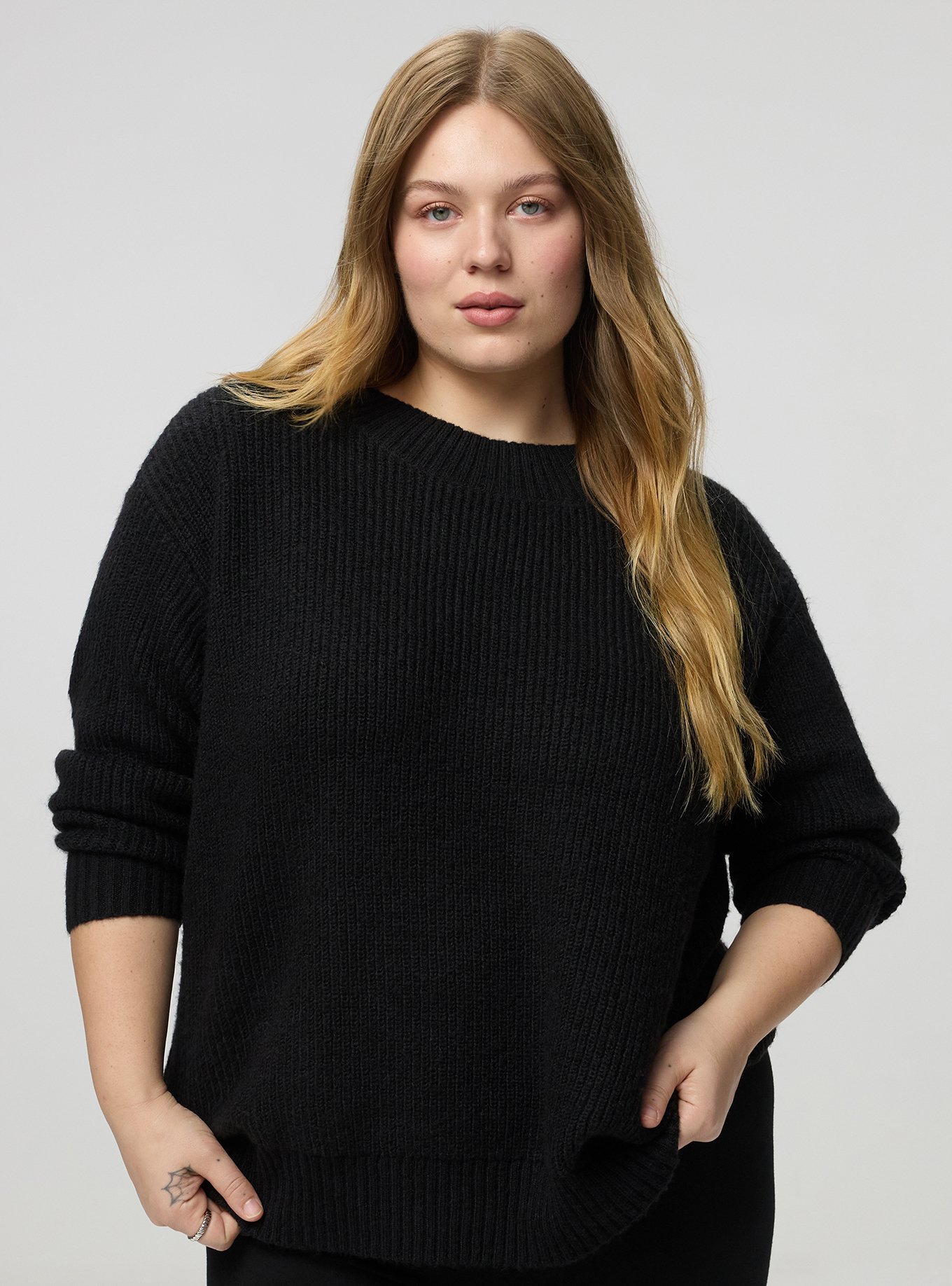 Plus Size Back Bow Pullover Sweater, DEEP BLACK WHITE BOW, alternate