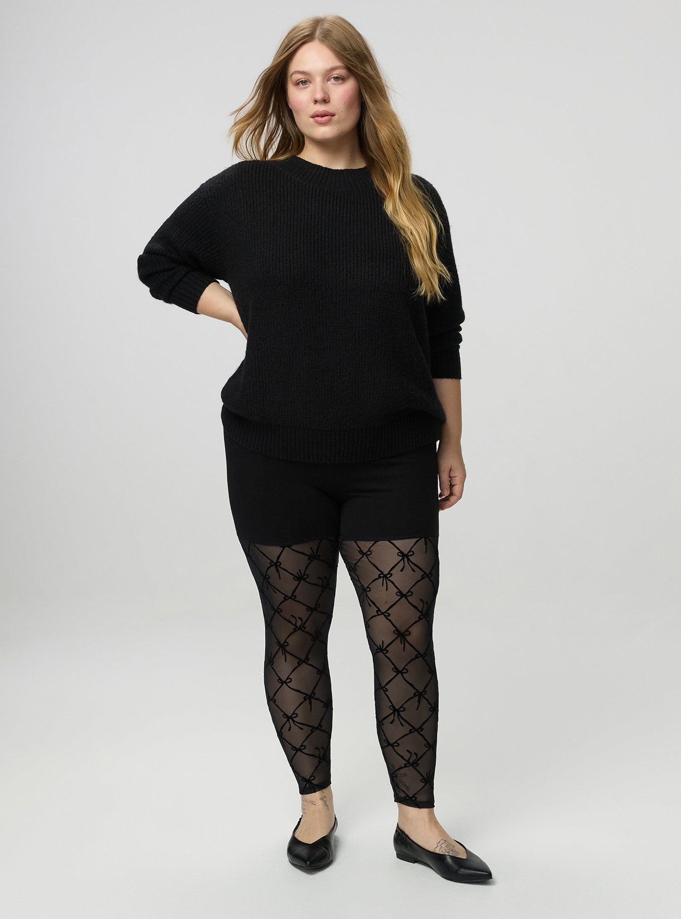 Plus Size Back Bow Pullover Sweater, DEEP BLACK WHITE BOW, alternate