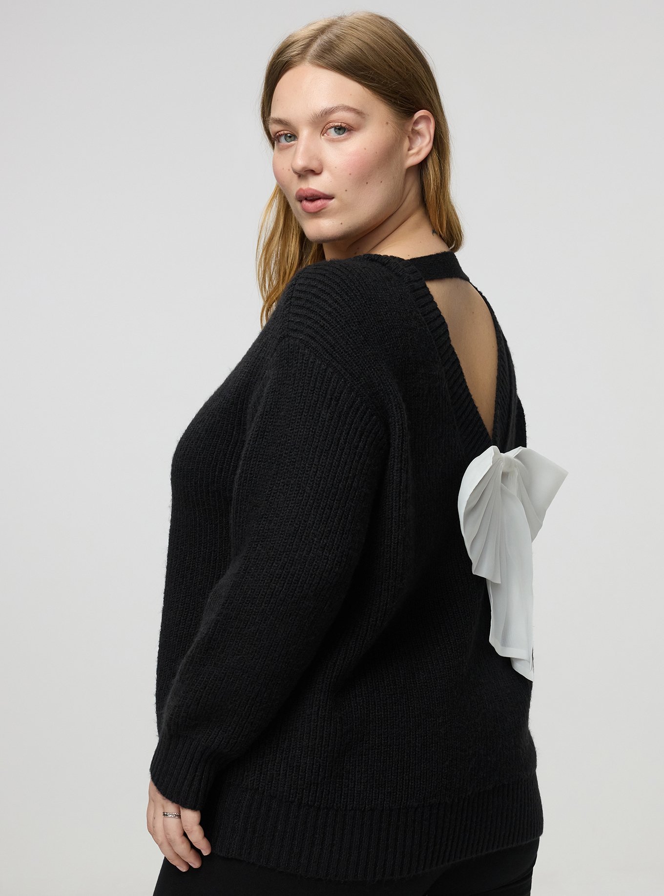 Plus Size Back Bow Pullover Sweater, DEEP BLACK WHITE BOW, hi-res