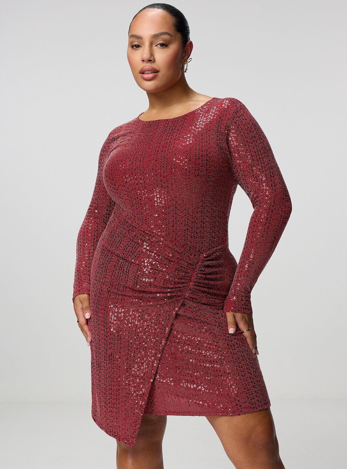 Plus Size Disco Sequin Wrap Mini Dress, BIKING RED, alternate