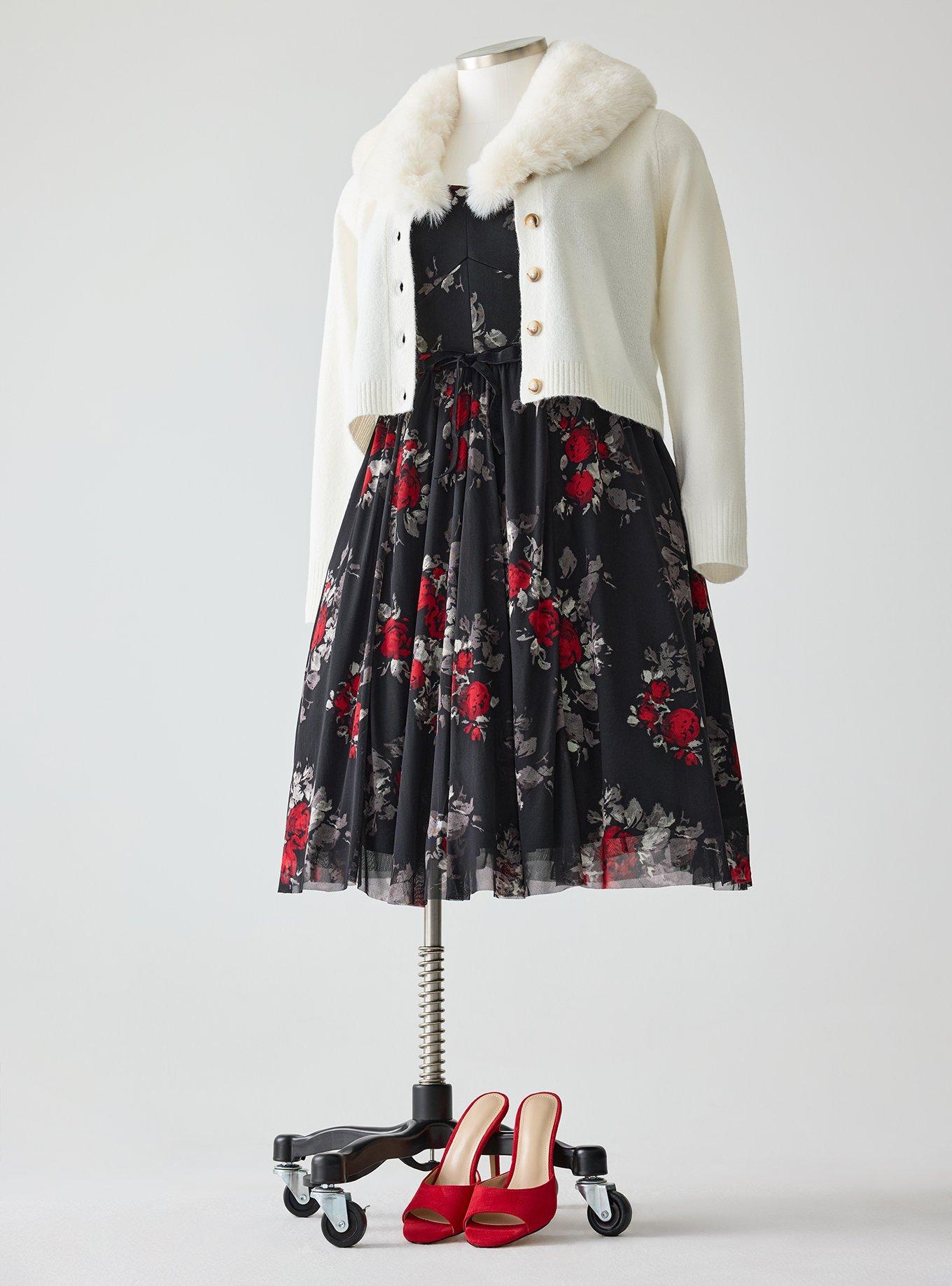 Retro Chic Flocked Mesh Belted Dress, BRYNE FLORAL DEEP BLACK, hi-res