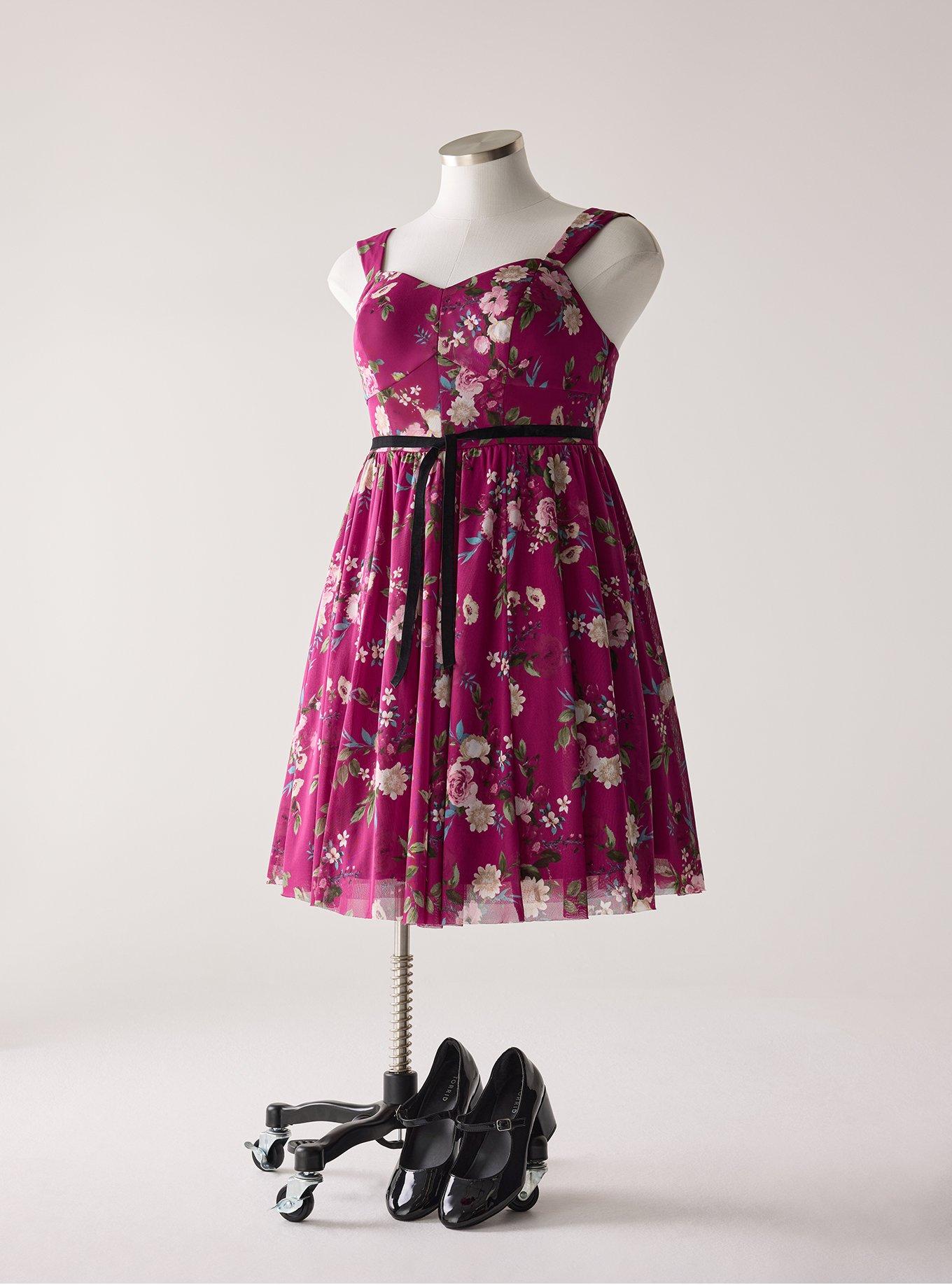 Retro Chic Flocked Mesh Belted Dress, CORRIE FLORAL BURGUNDY, flat