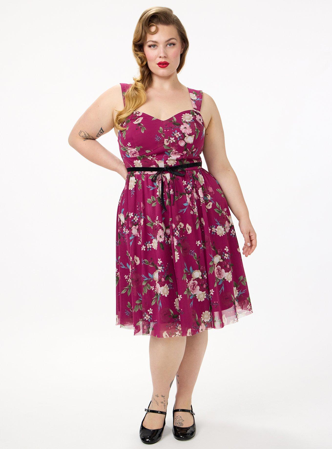 Retro Chic Flocked Mesh Belted Dress, CORRIE FLORAL BURGUNDY, hi-res