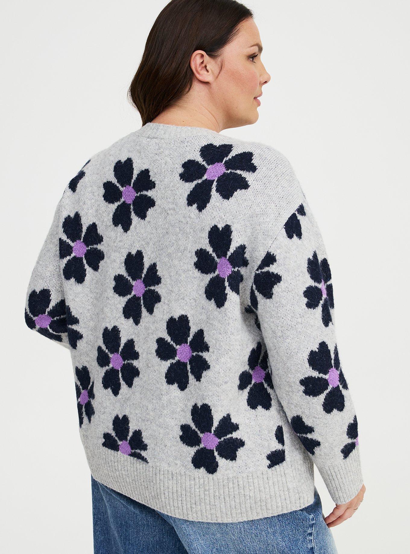 Vegan Cashmere Crew Pullover Sweater, DAISY JANE FLORAL GREY, alternate