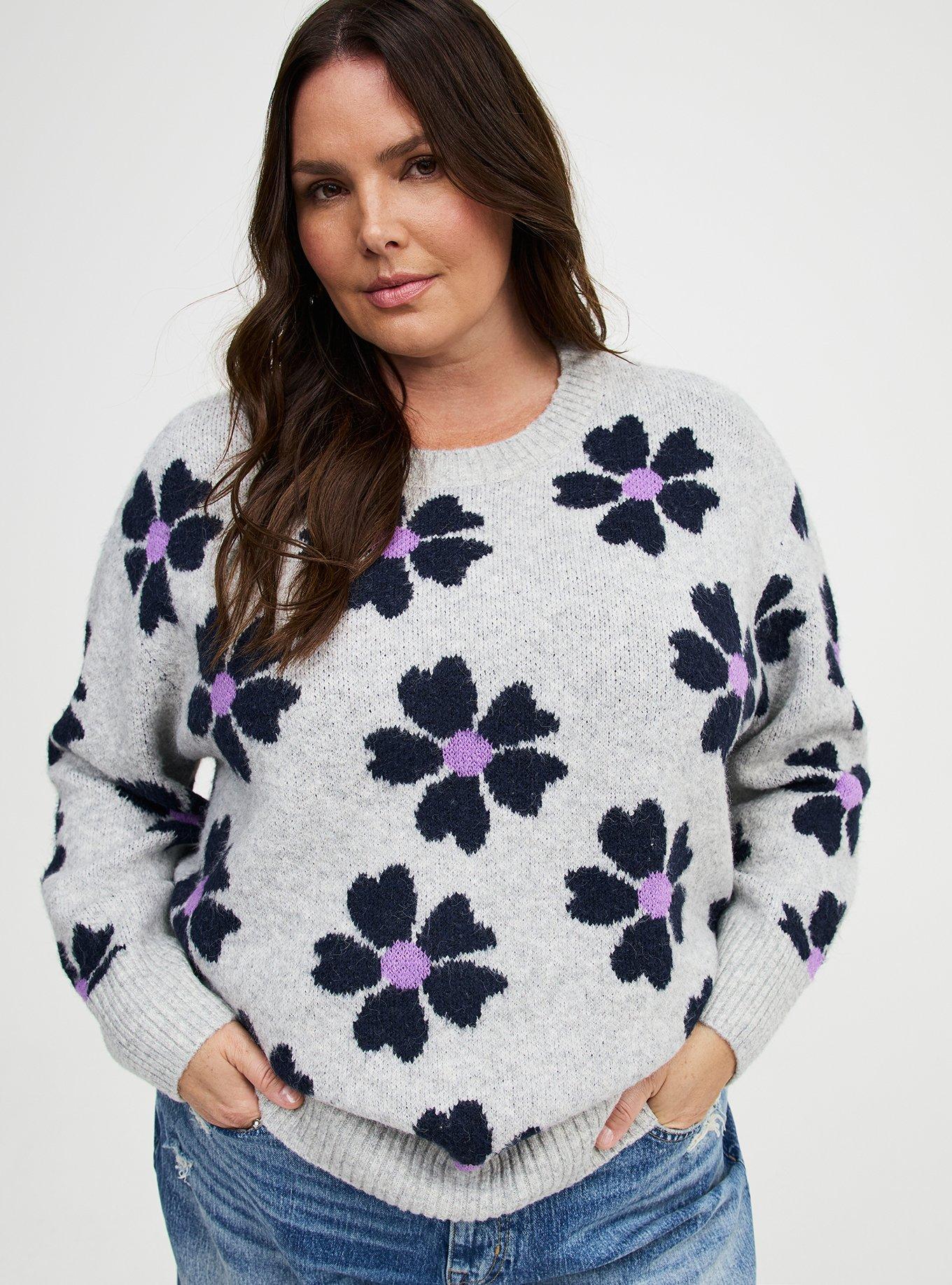 Vegan Cashmere Crew Pullover Sweater, DAISY JANE FLORAL GREY, alternate