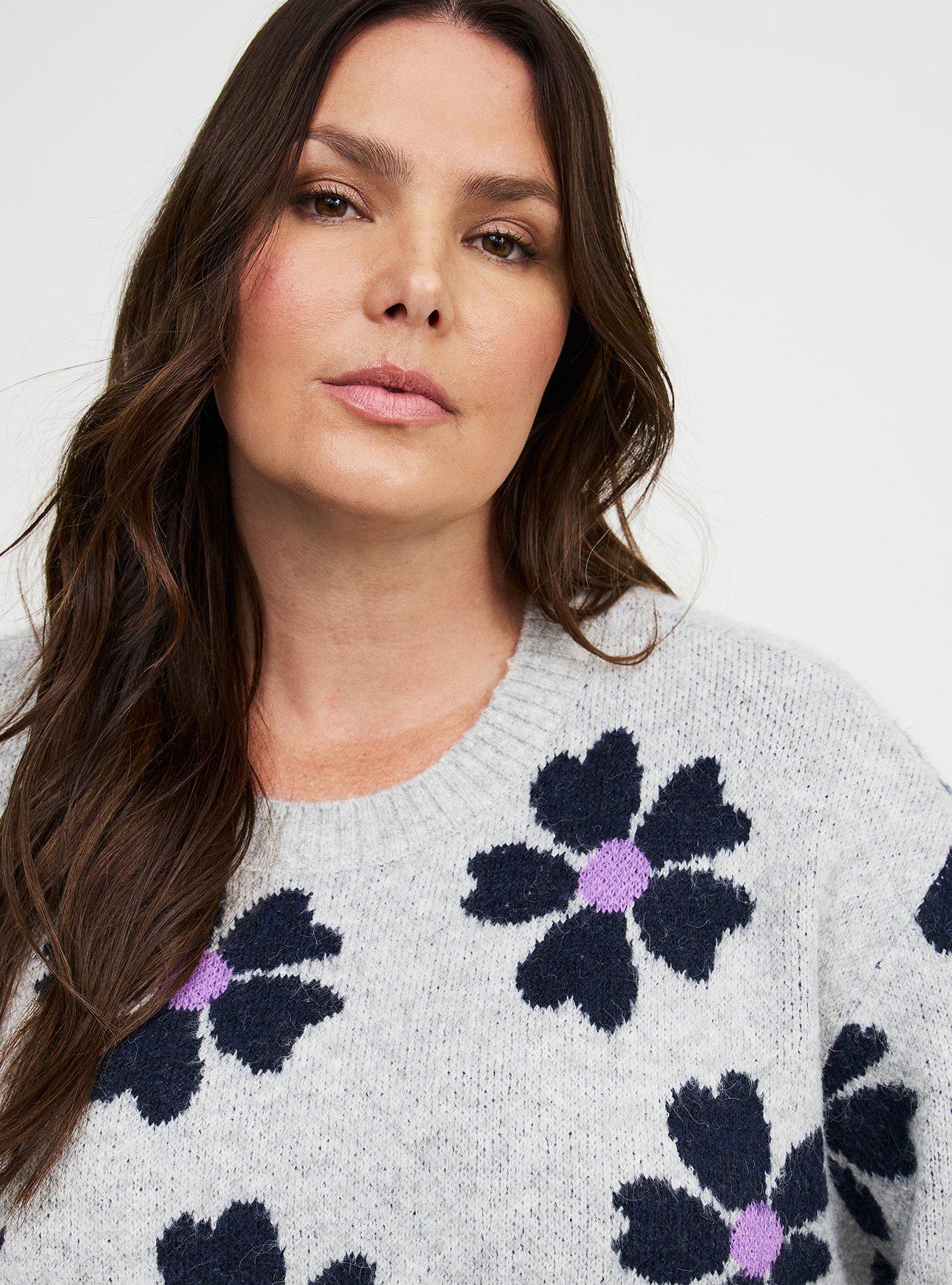 Vegan Cashmere Crew Pullover Sweater, DAISY JANE FLORAL GREY, alternate