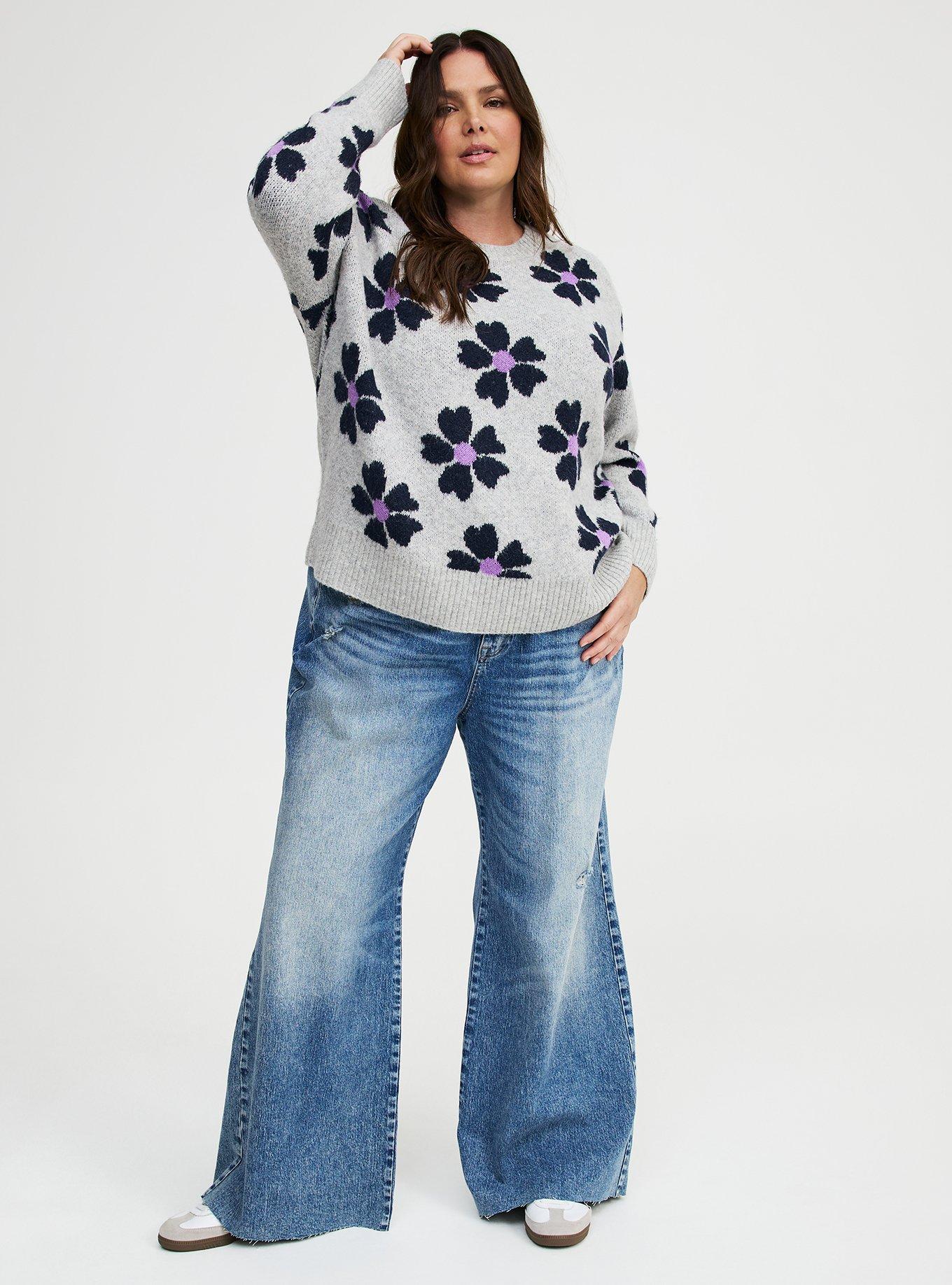 Vegan Cashmere Crew Pullover Sweater, DAISY JANE FLORAL GREY, alternate