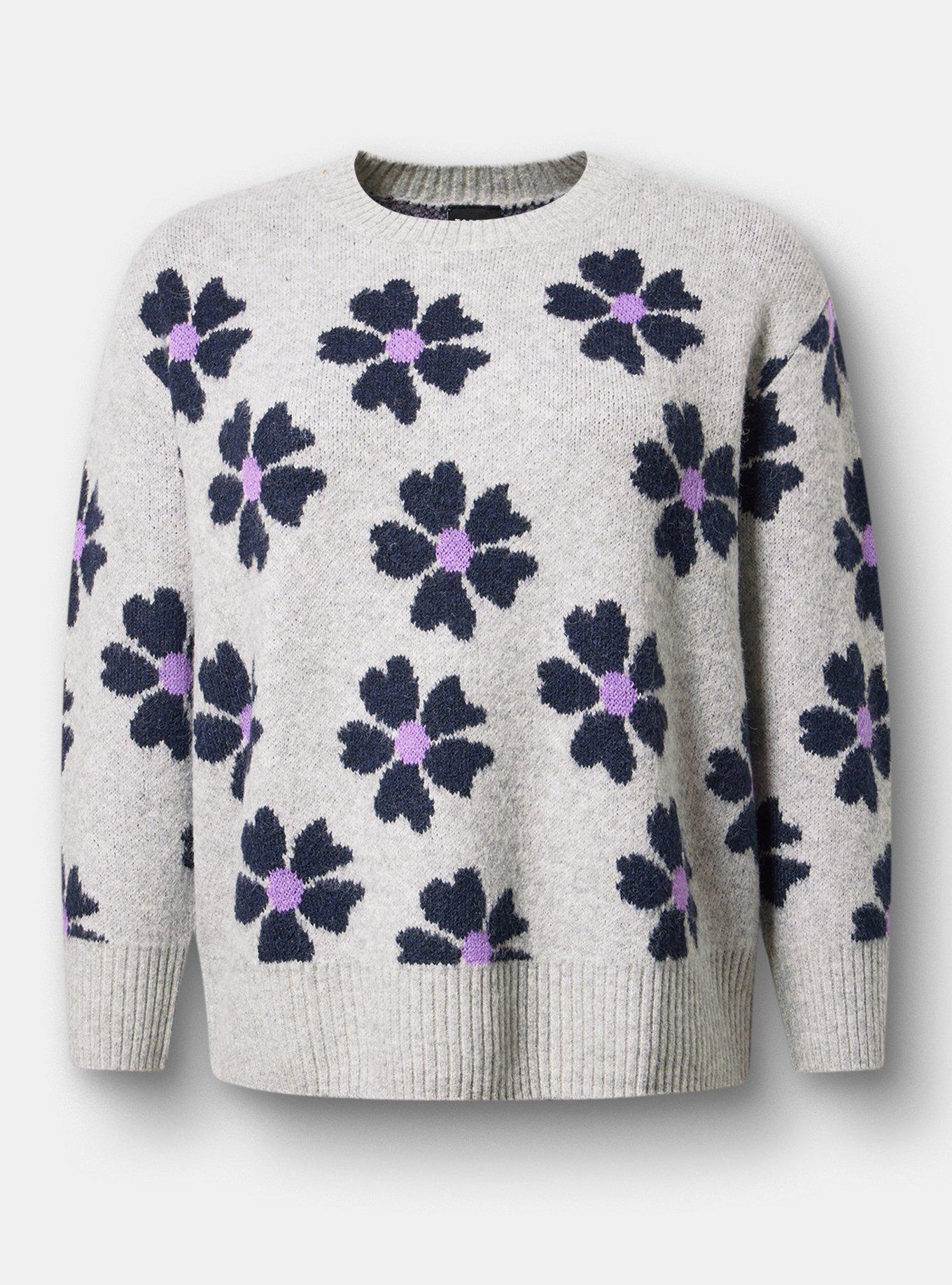 Vegan Cashmere Crew Pullover Sweater, DAISY JANE FLORAL GREY, hi-res
