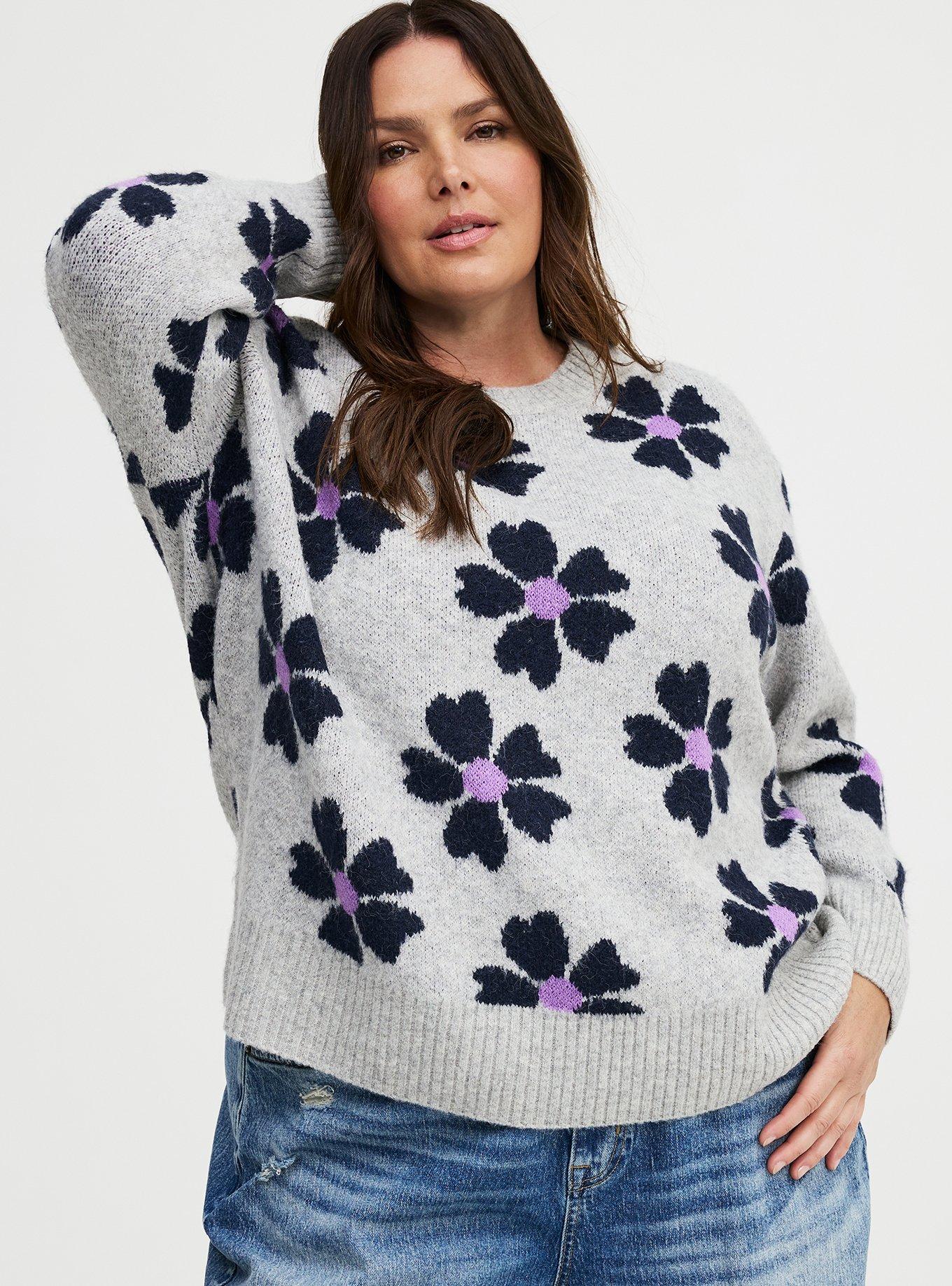 Plus Size Vegan Cashmere Crew Pullover Sweater, DAISY JANE FLORAL GREY, hi-res