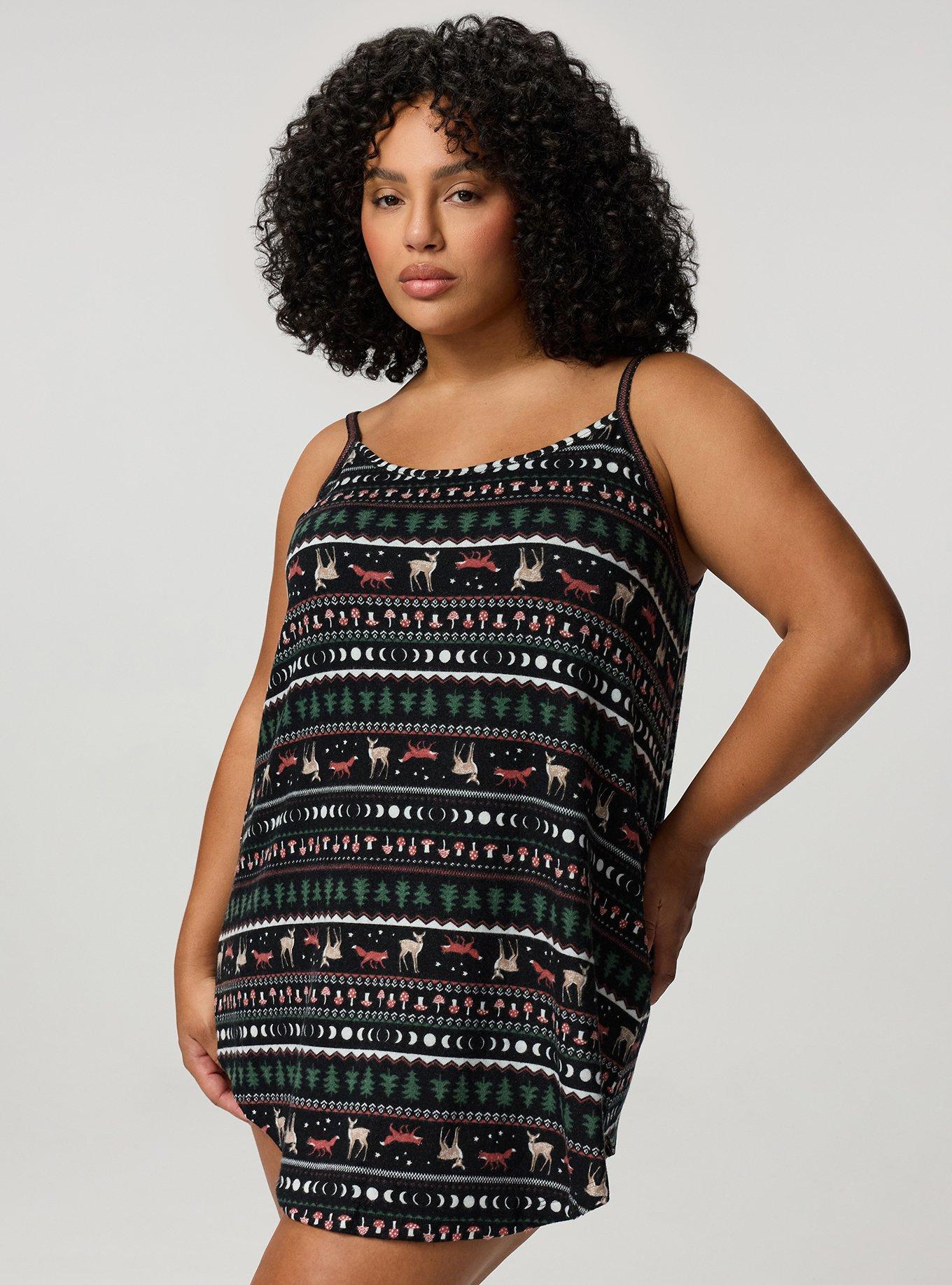 Plus Size Super Soft Plush Cami Sleep Gown, FOX FAIR ISLE BLACK, alternate