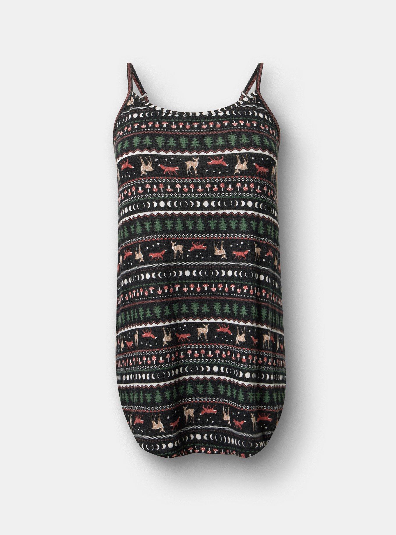 Plus Size Super Soft Plush Cami Sleep Gown, FOX FAIR ISLE BLACK, flat