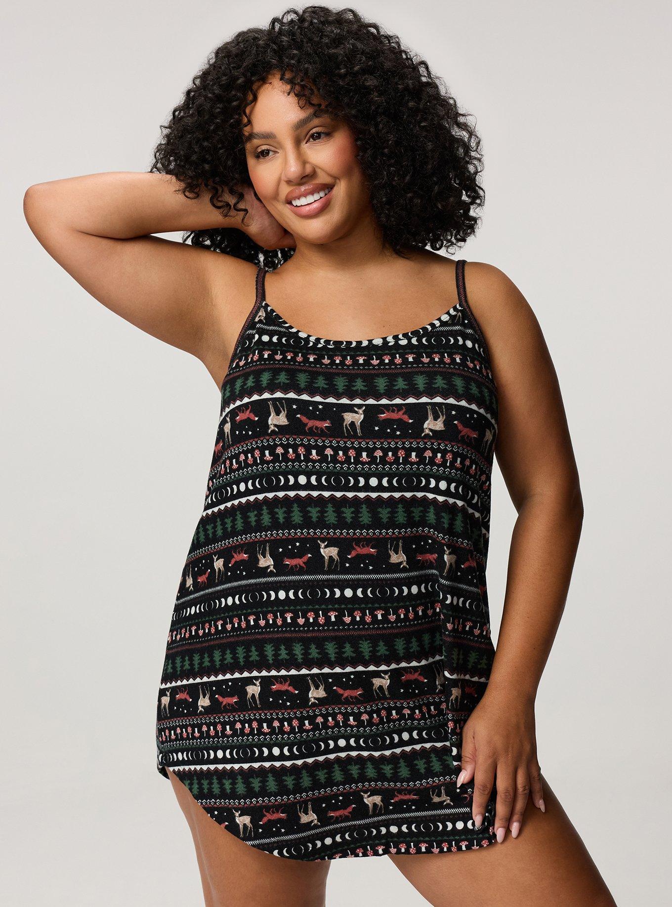 Plus Size Super Soft Plush Cami Sleep Gown, FOX FAIR ISLE BLACK, hi-res