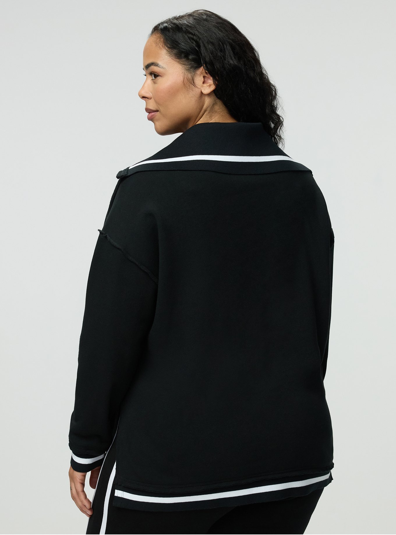 Cozy Fleece V-Neck Pullover Sweatshirt, BLACK WHITE, alternate