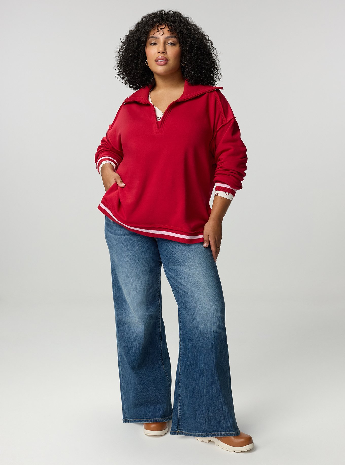 Cozy Fleece V-Neck Pullover Sweatshirt, RED PINK STRIPE, alternate