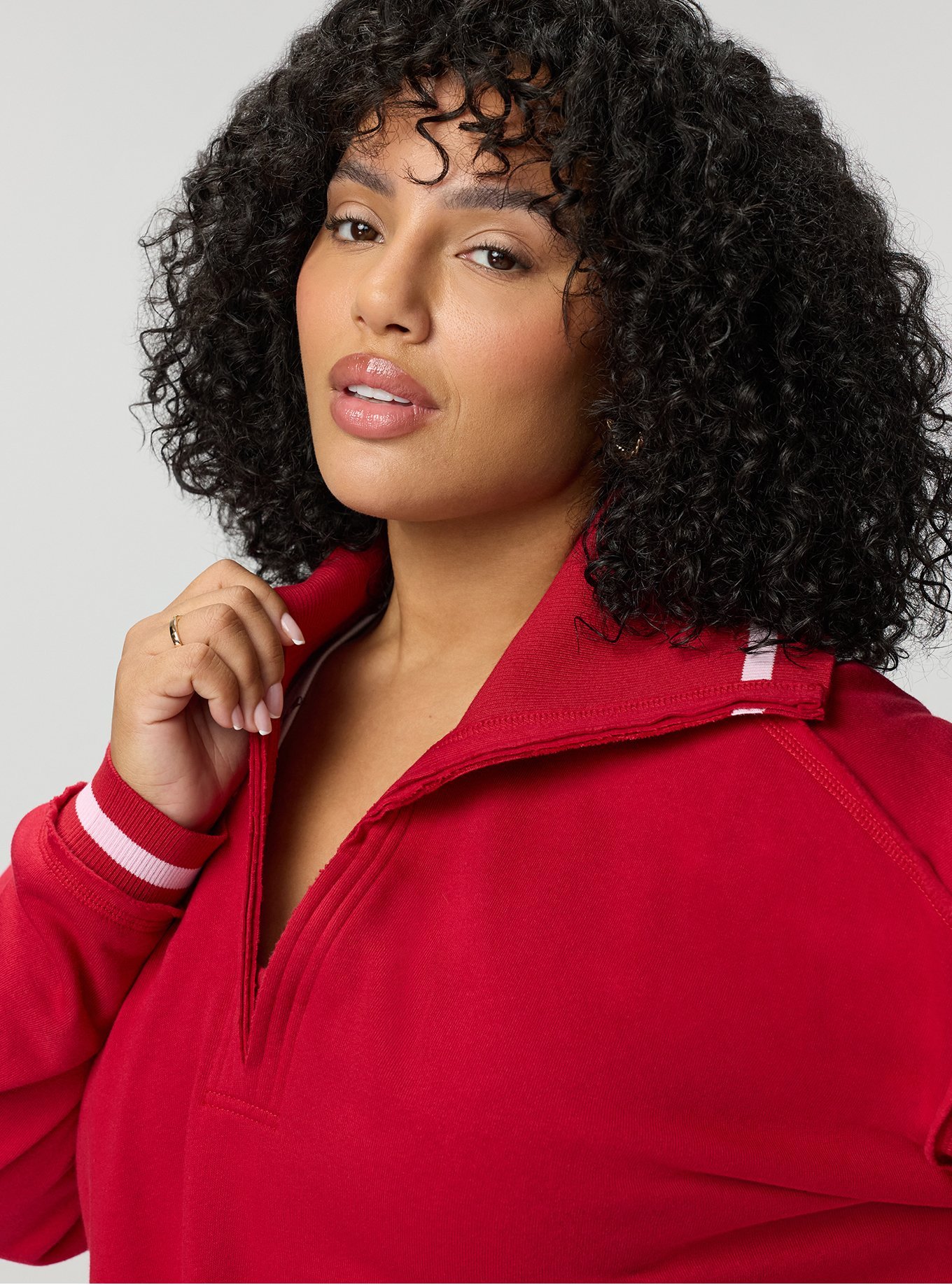 Cozy Fleece V-Neck Pullover Sweatshirt, RED PINK STRIPE, alternate
