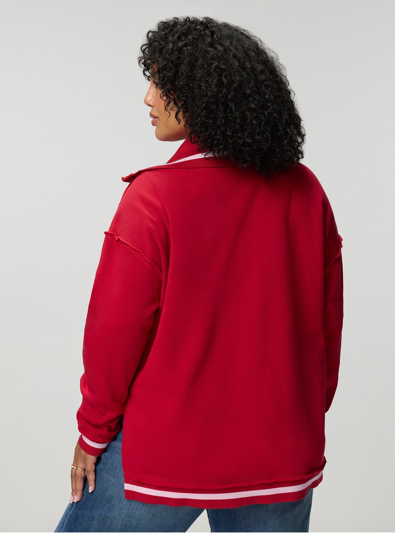 Cozy Fleece V-Neck Pullover Sweatshirt, RED PINK STRIPE, alternate