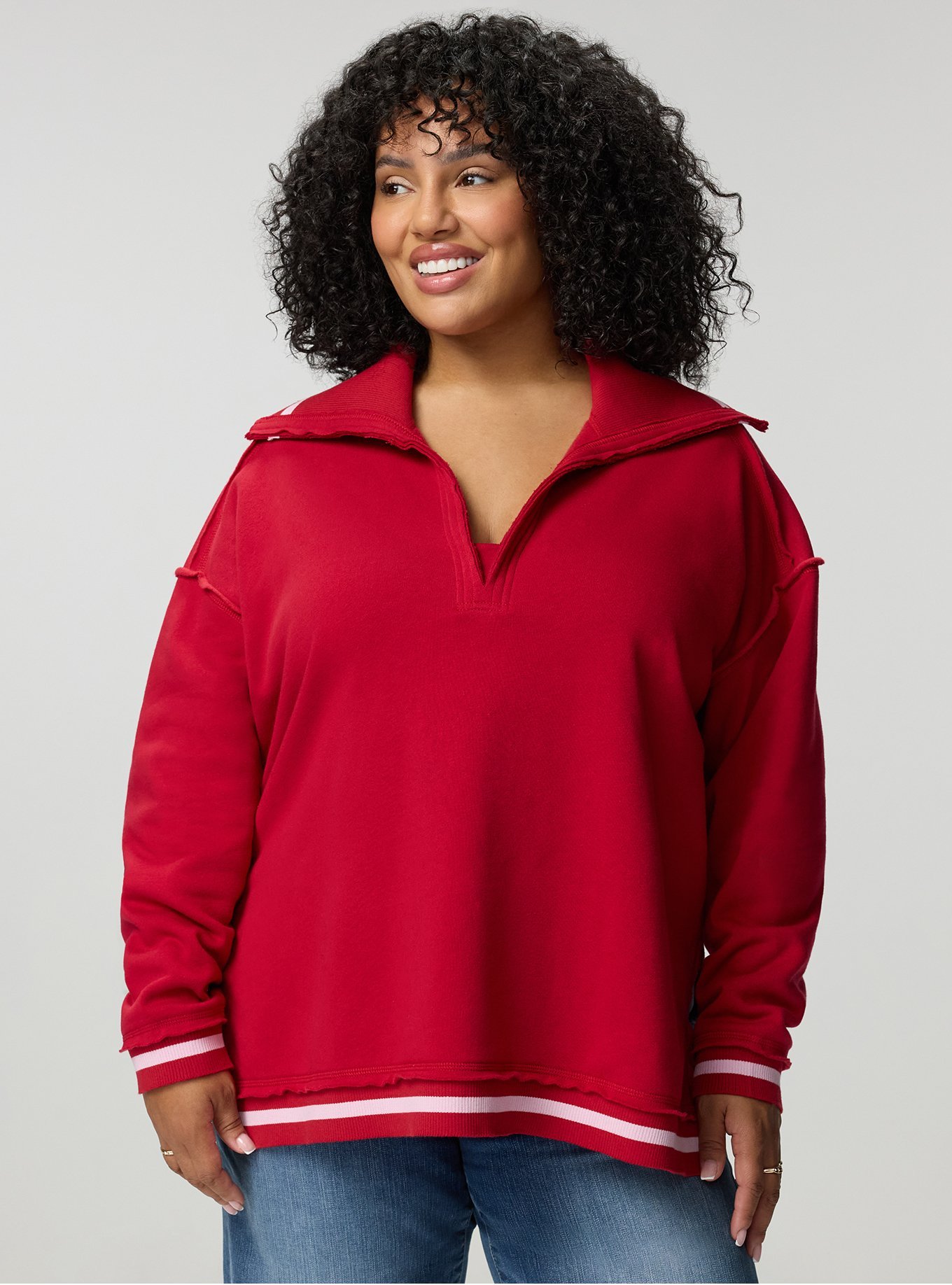 Cozy Fleece V-Neck Pullover Sweatshirt, RED PINK STRIPE, hi-res